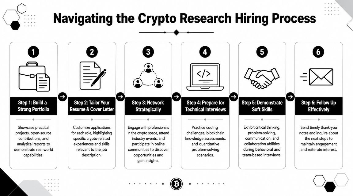 A six-step infographic guide illustrating how to navigate the hiring process for crypto research jobs.