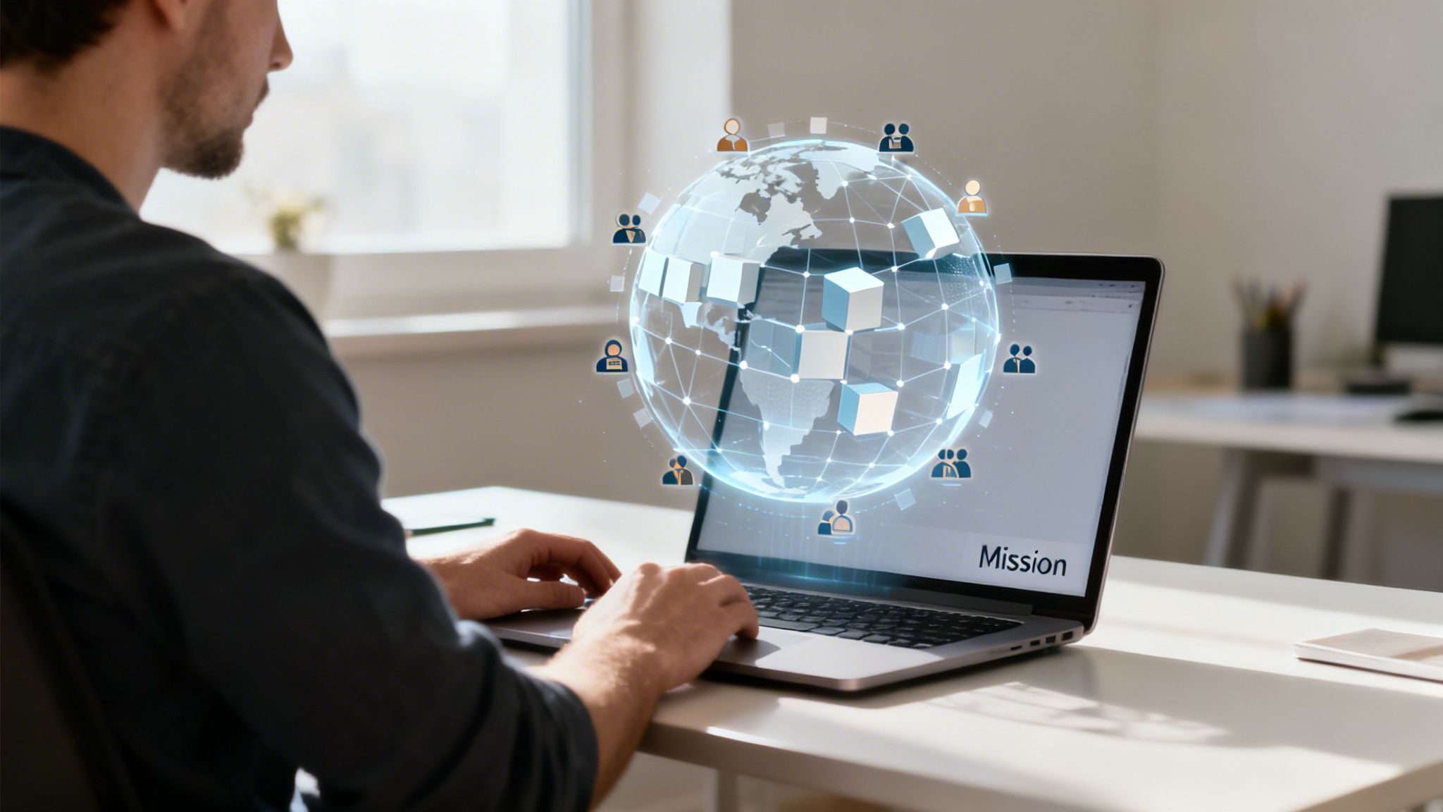 A man typing on a laptop with a glowing global network projection, connecting people and data.