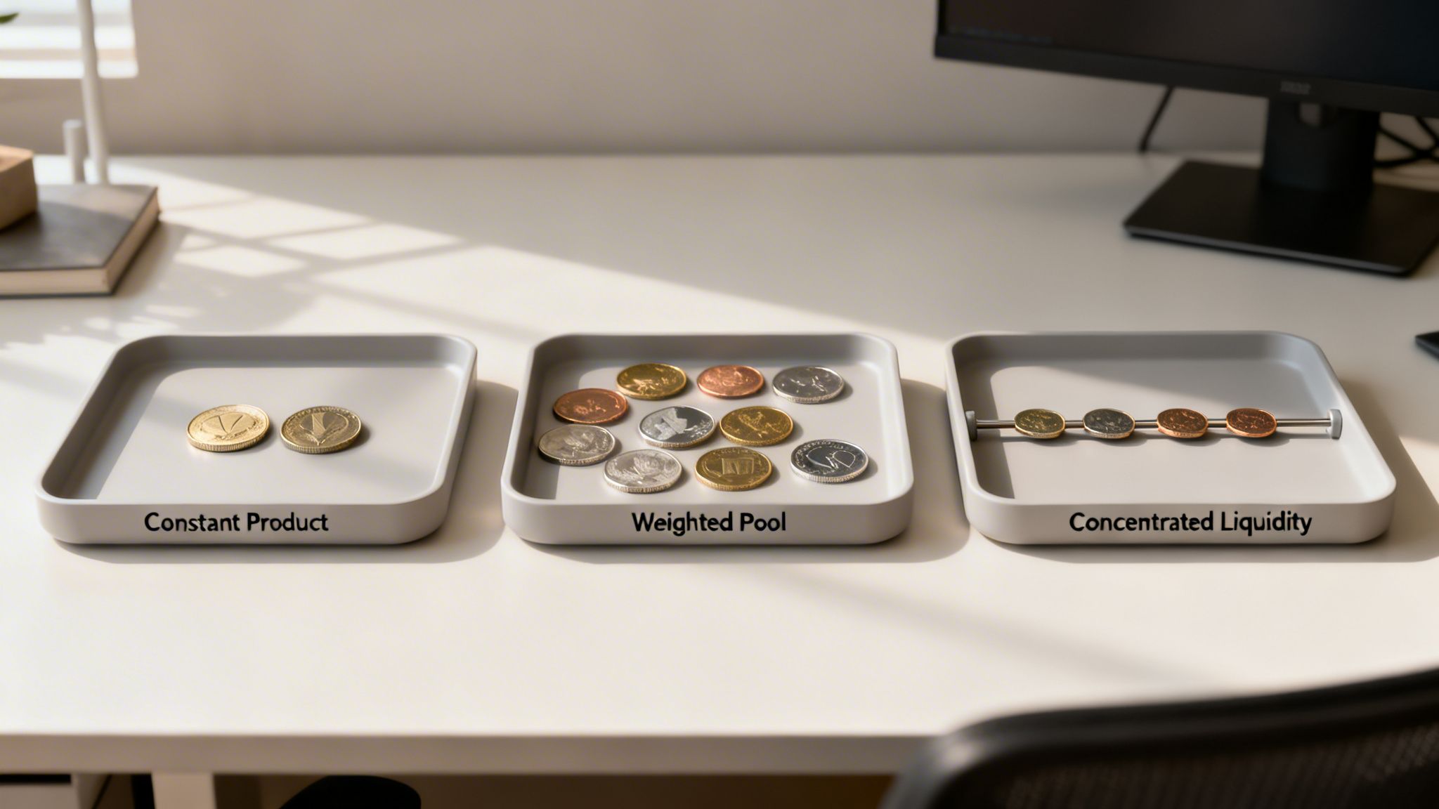 Three trays on a white desk, illustrating Constant Product, Weighted Pool, and Concentrated Liquidity with various coins.