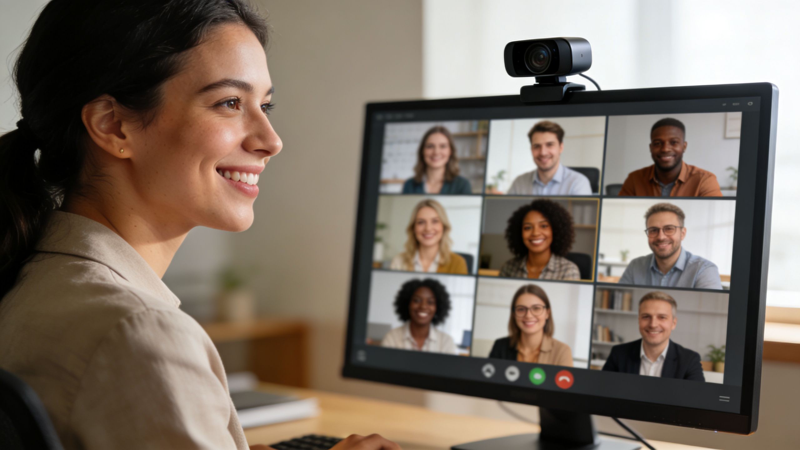 A professional woman participating in a remote video conference meeting on her computer screen with colleagues.