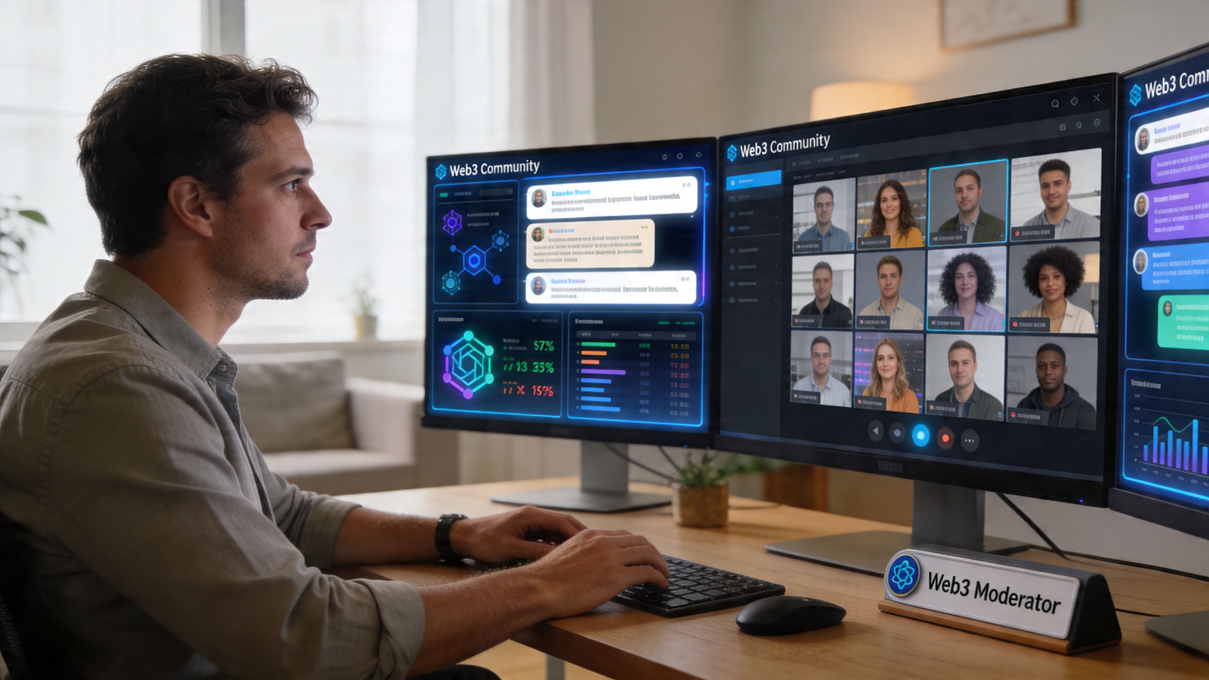 A professional community moderator working at a desk with multiple monitors displaying a Web3 platform interface.
