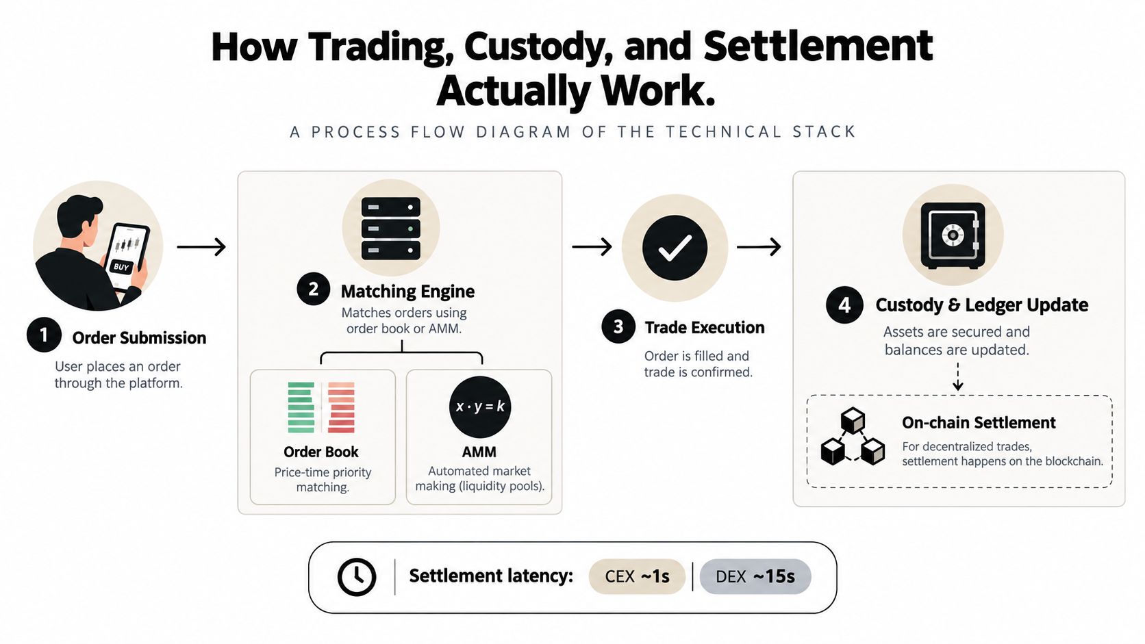 A process flow diagram illustrating how crypto trading, custody, and settlement work through matching engines and blockchains.