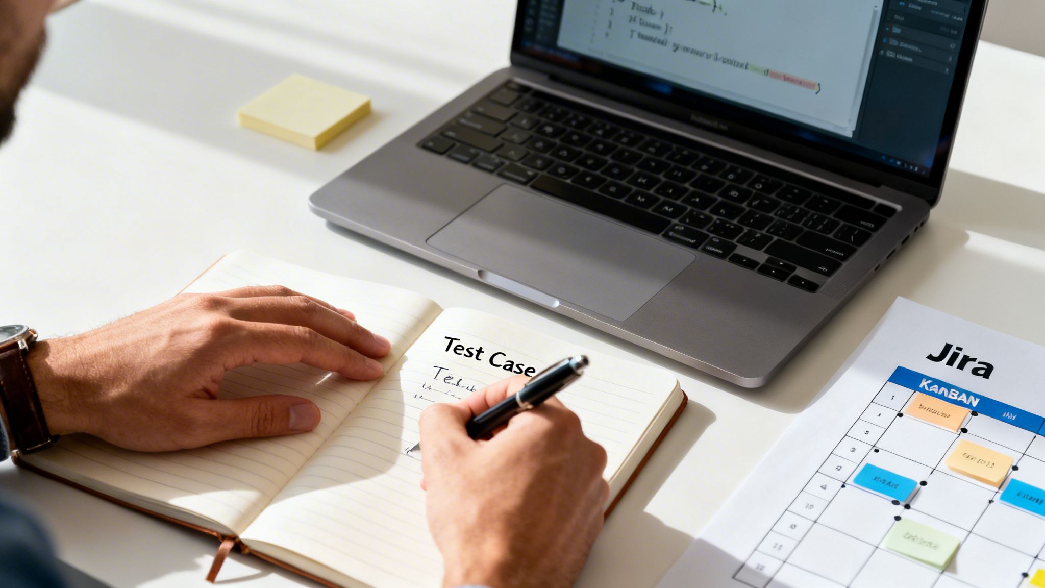 Person writing 'Test Case' in a notebook, with a laptop showing code and a Jira board.
