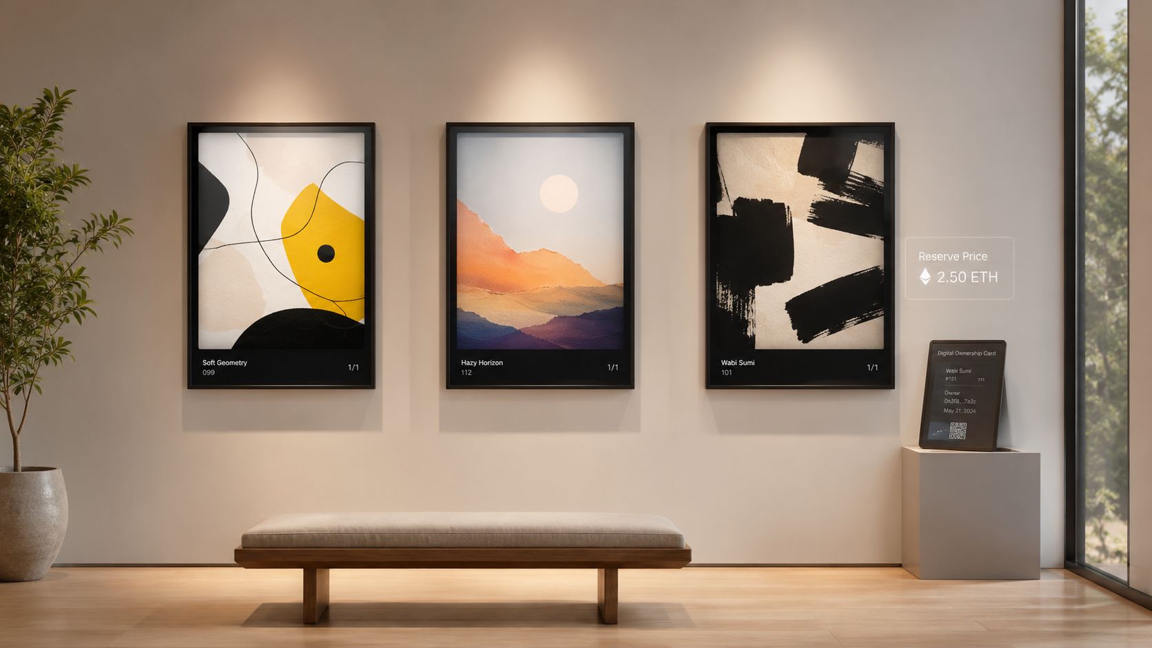 A modern gallery displaying three framed abstract art pieces with digital ownership cards on a gallery wall.