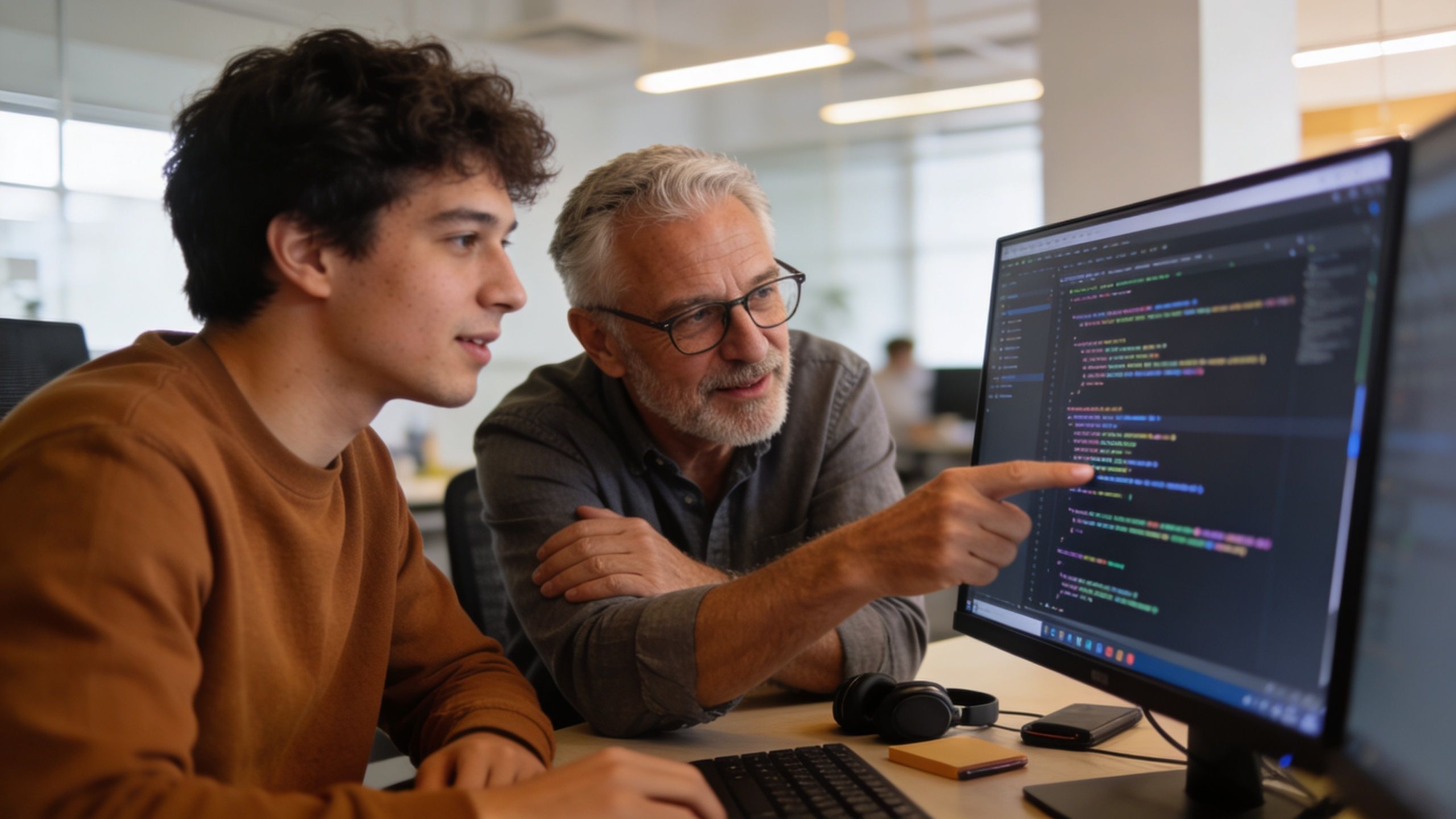An experienced senior developer mentoring a younger programmer while reviewing code on a computer screen in office.