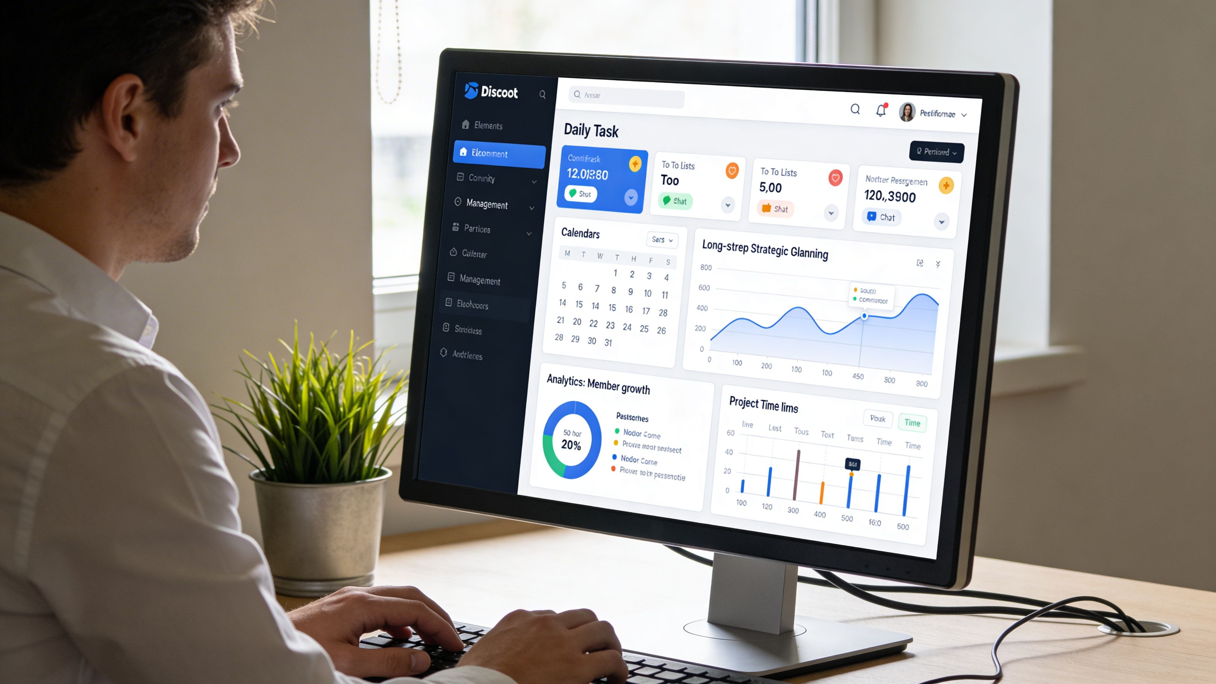 A professional man works on a desktop computer displaying a dashboard for managing a digital community.