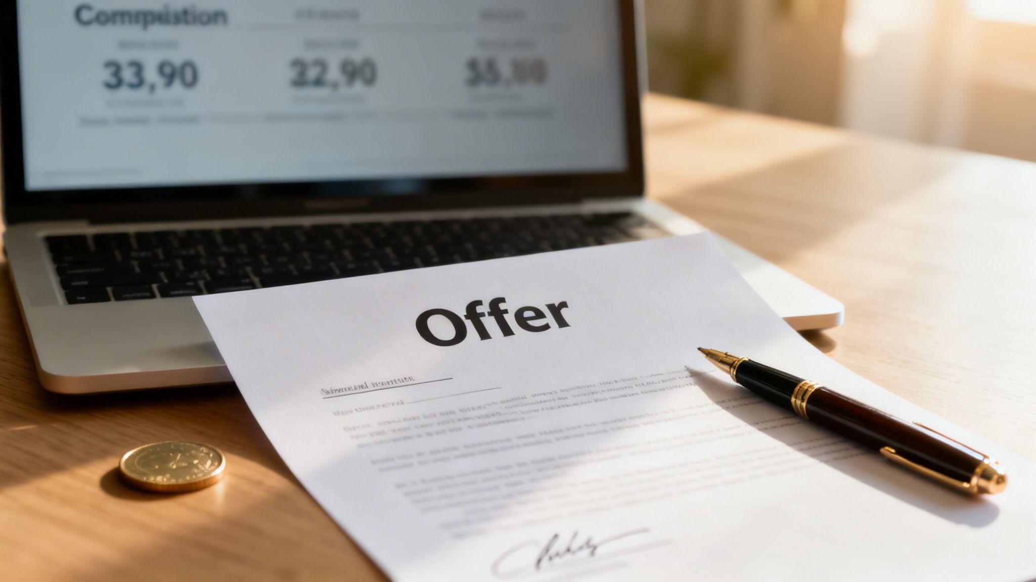 A business offer document, pen, coin, and laptop on a wooden desk, symbolizing a transaction.