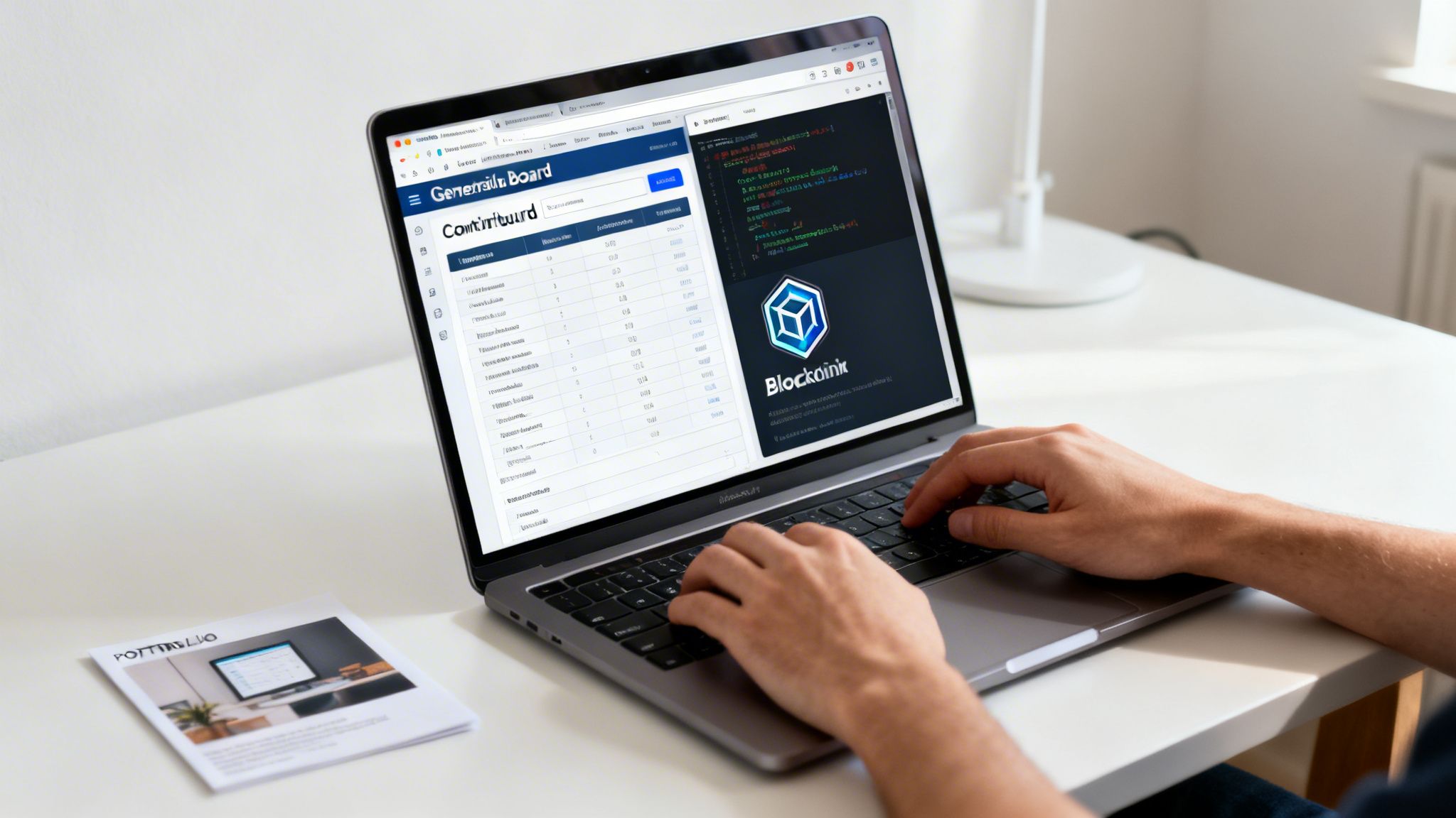 Close-up of a person typing on a laptop displaying a dashboard, code, and 'Blockchainir' logo.