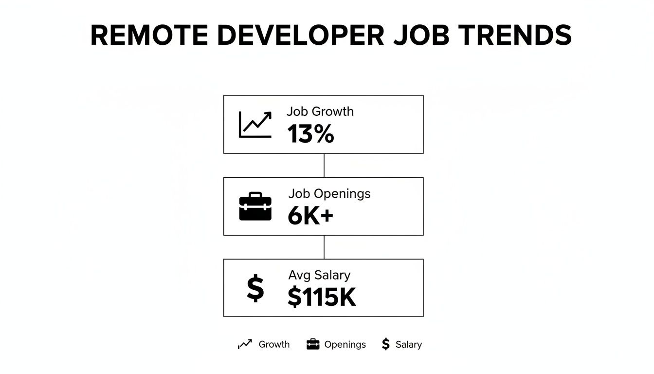 Infographic showing remote developer job trends with 13% job growth, 6K+ job openings, and $115K average salary.