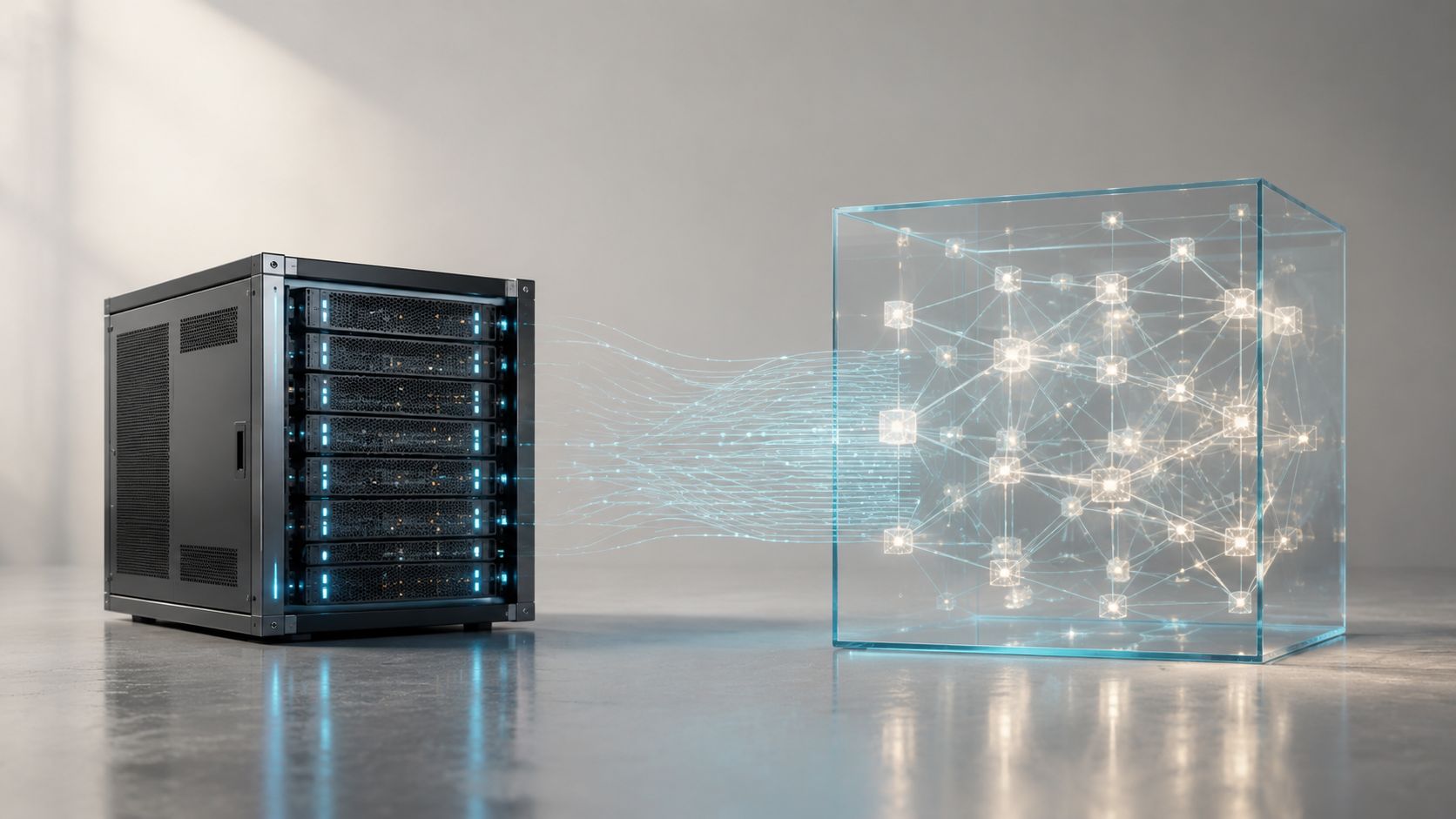 A sleek server rack connected to a glowing digital data network contained within a glass cube.