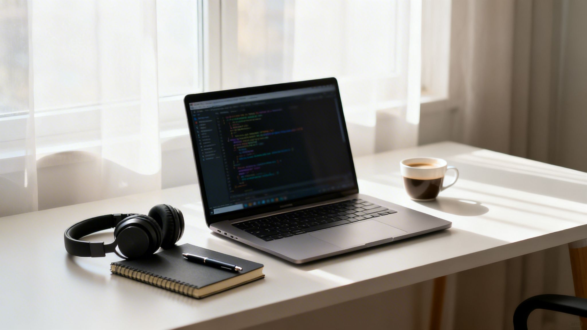 A developer's desk with a laptop showing code, headphones, notebook, pen, and coffee by a sunlit window.