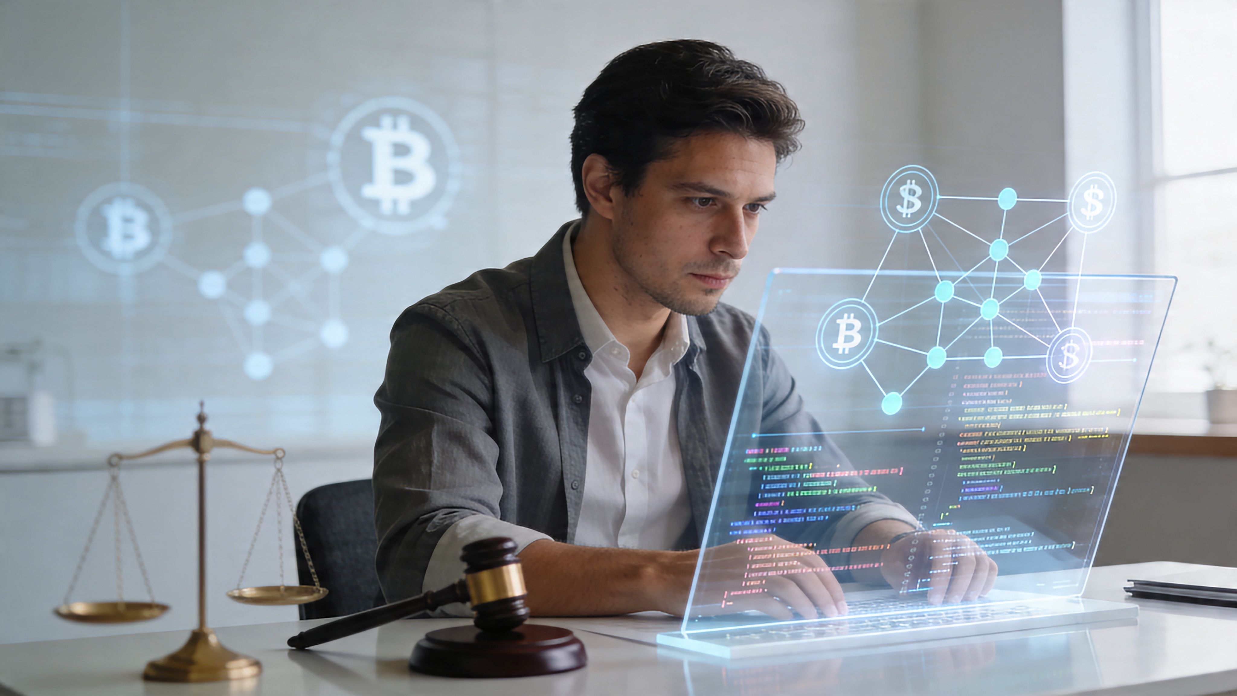 A professional analyzing cryptocurrency code on a holographic display next to a gavel and scales of justice.