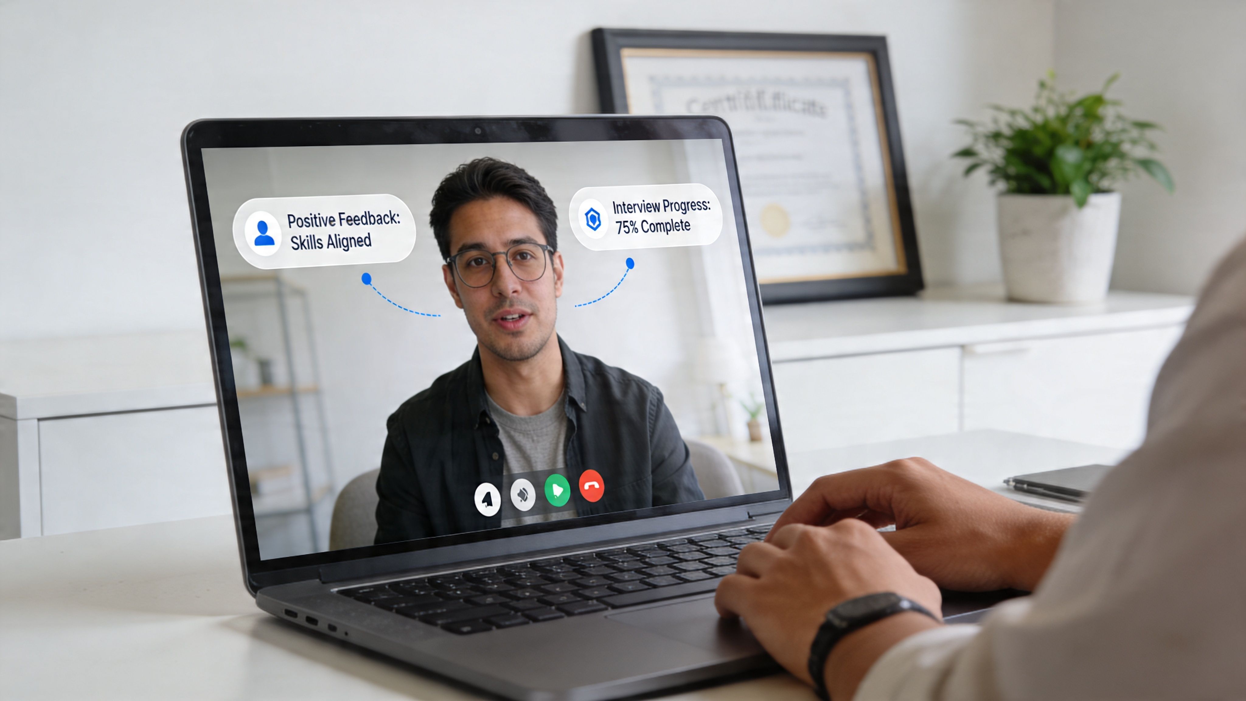A person having a remote job interview on a laptop with positive feedback and progress indicators displayed.