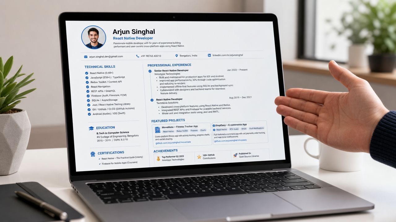 A professional resume for a React Native developer displayed on a laptop screen on an office desk.