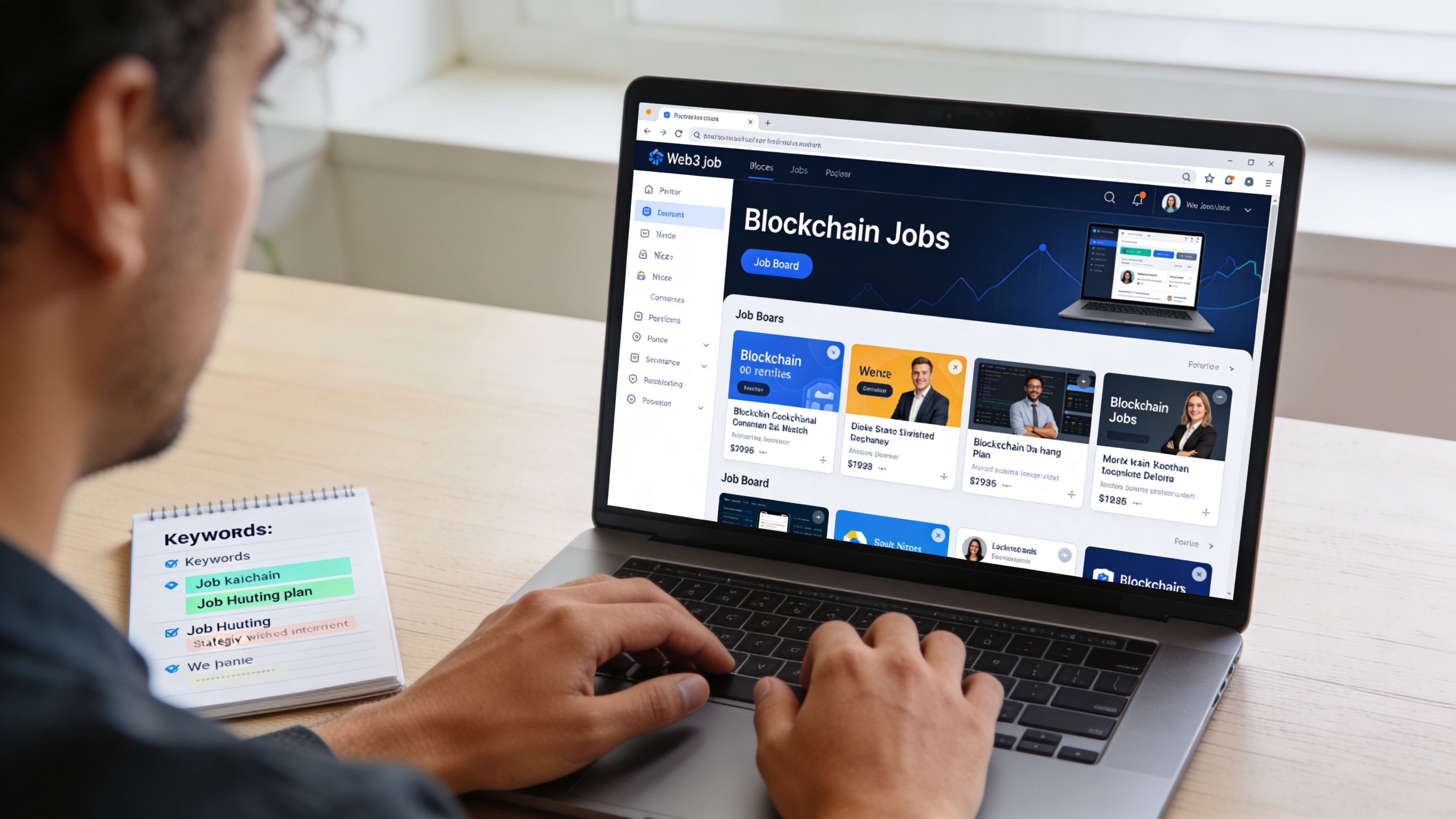 A person using a laptop to browse a job search website focusing on blockchain job listings.