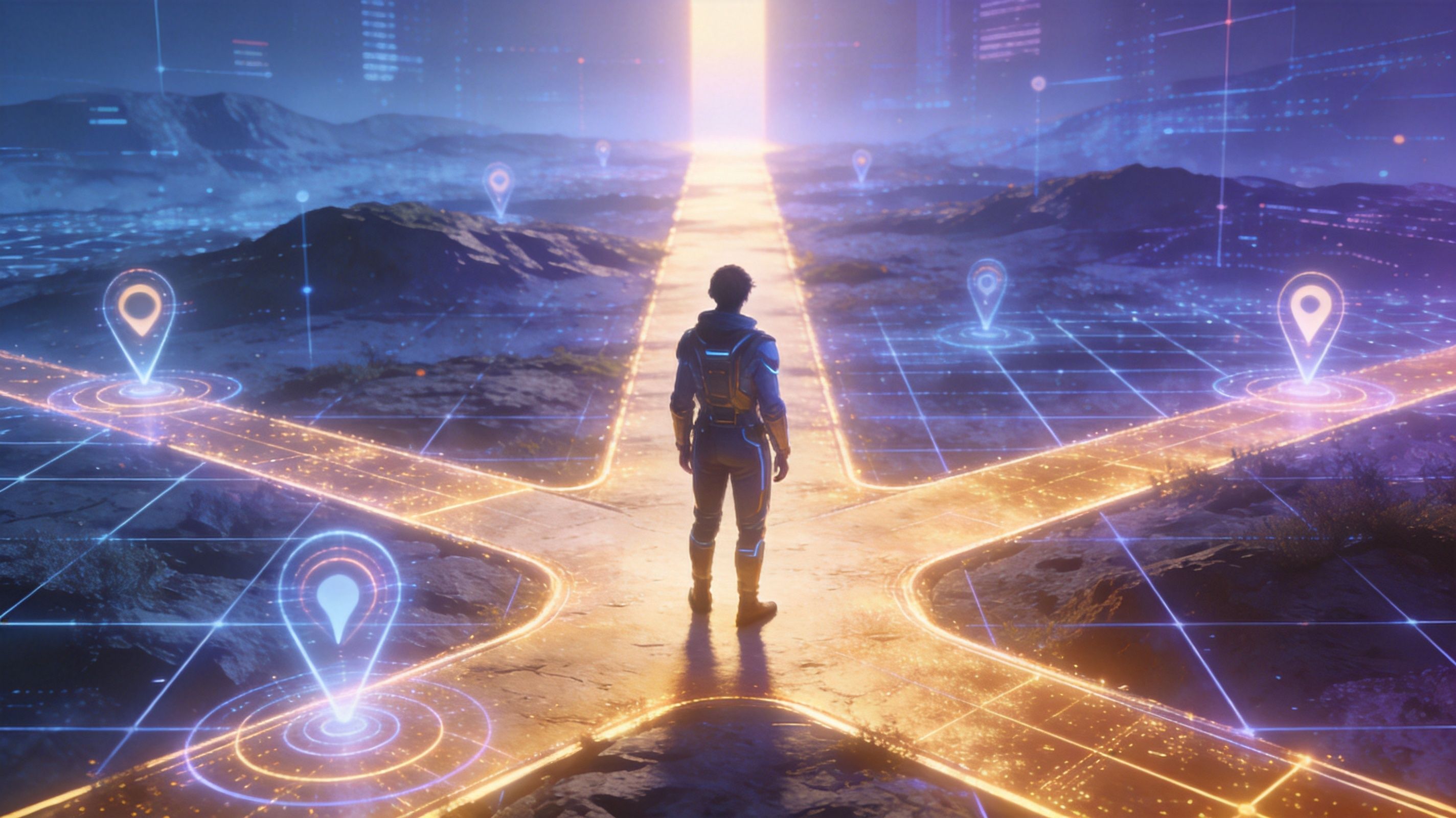 A futuristic explorer standing at a glowing intersection in a digital landscape with glowing navigation icons.