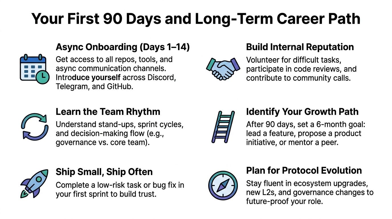 A career roadmap graphic outlining onboarding steps and growth strategies for a new hire in Web3.