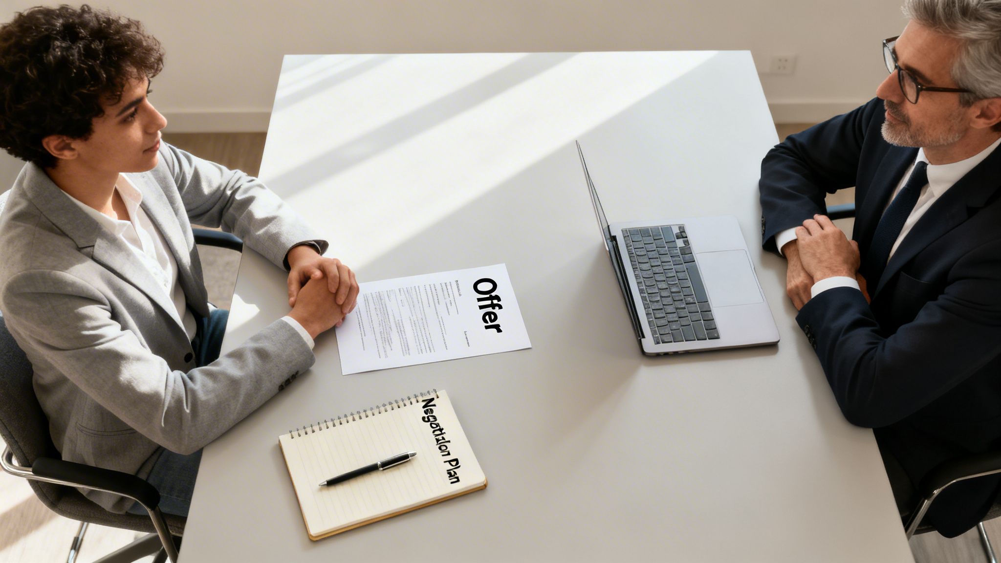 Two men in a business meeting reviewing an 'Offer' document and a 'Negotiation Plan' notebook.
