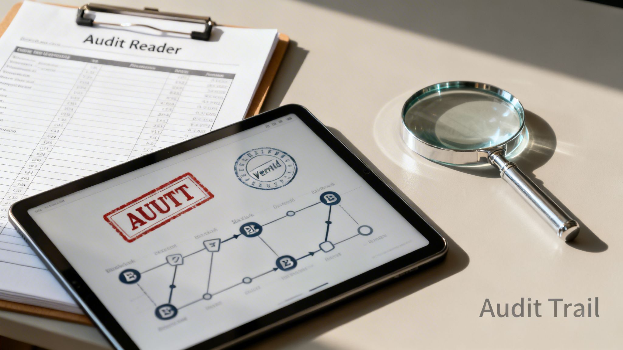Audit Reader document, tablet with an audit trail diagram, and a magnifying glass on a light desk.