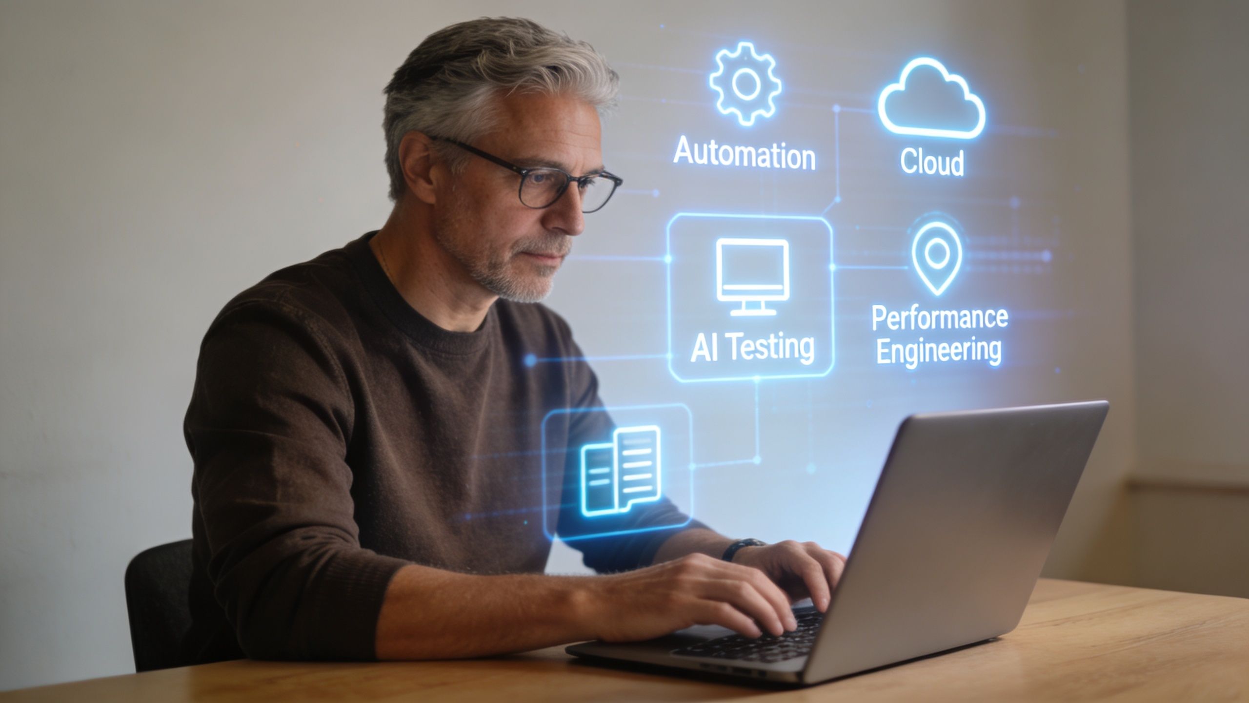 A professional senior software engineer working on a laptop with holographic technology icons floating above it.