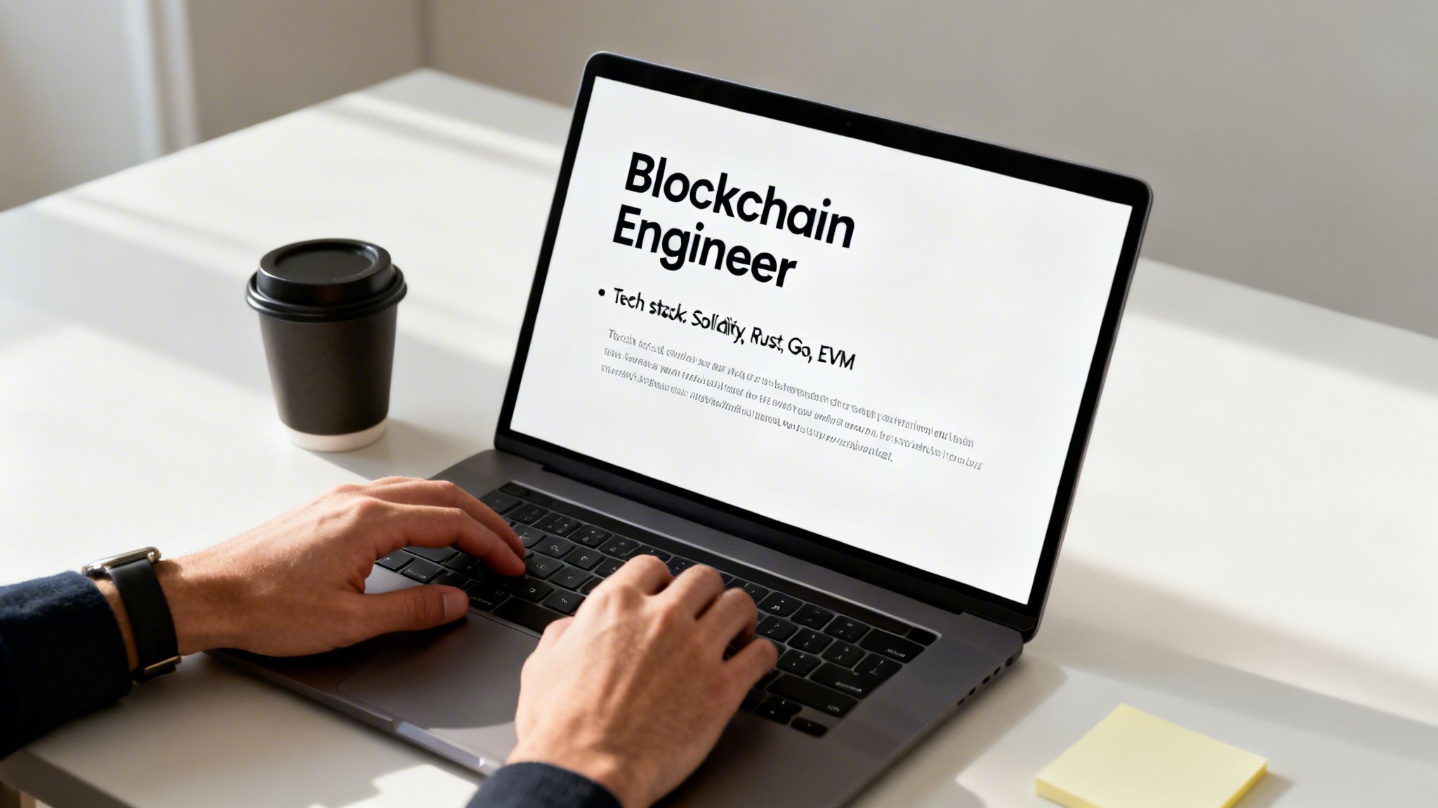 Hands typing on a laptop displaying 'Blockchain Engineer' with tech stack details, a coffee cup, and sticky notes on a white desk.