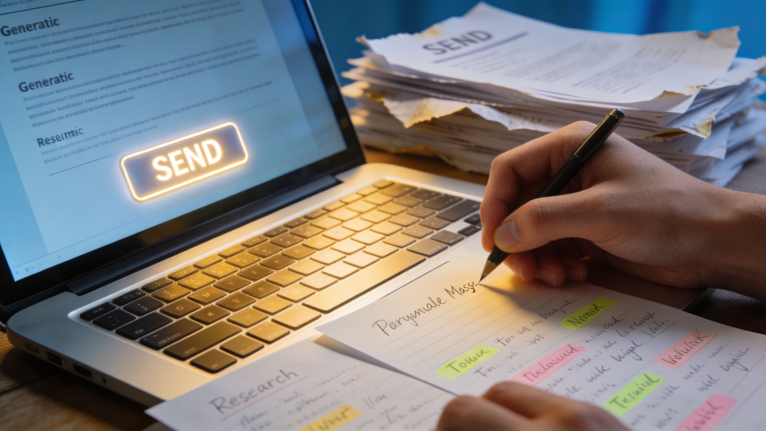 A person writing notes on paper while working on a laptop with a glowing send button.