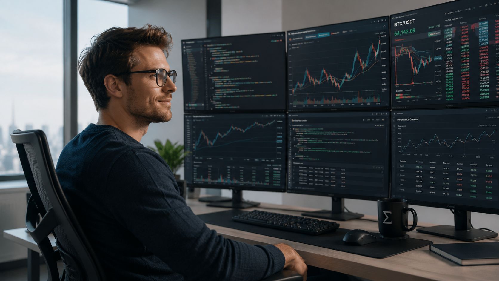 A professional crypto trader analyzing complex financial market charts and coding data on multiple computer monitors.