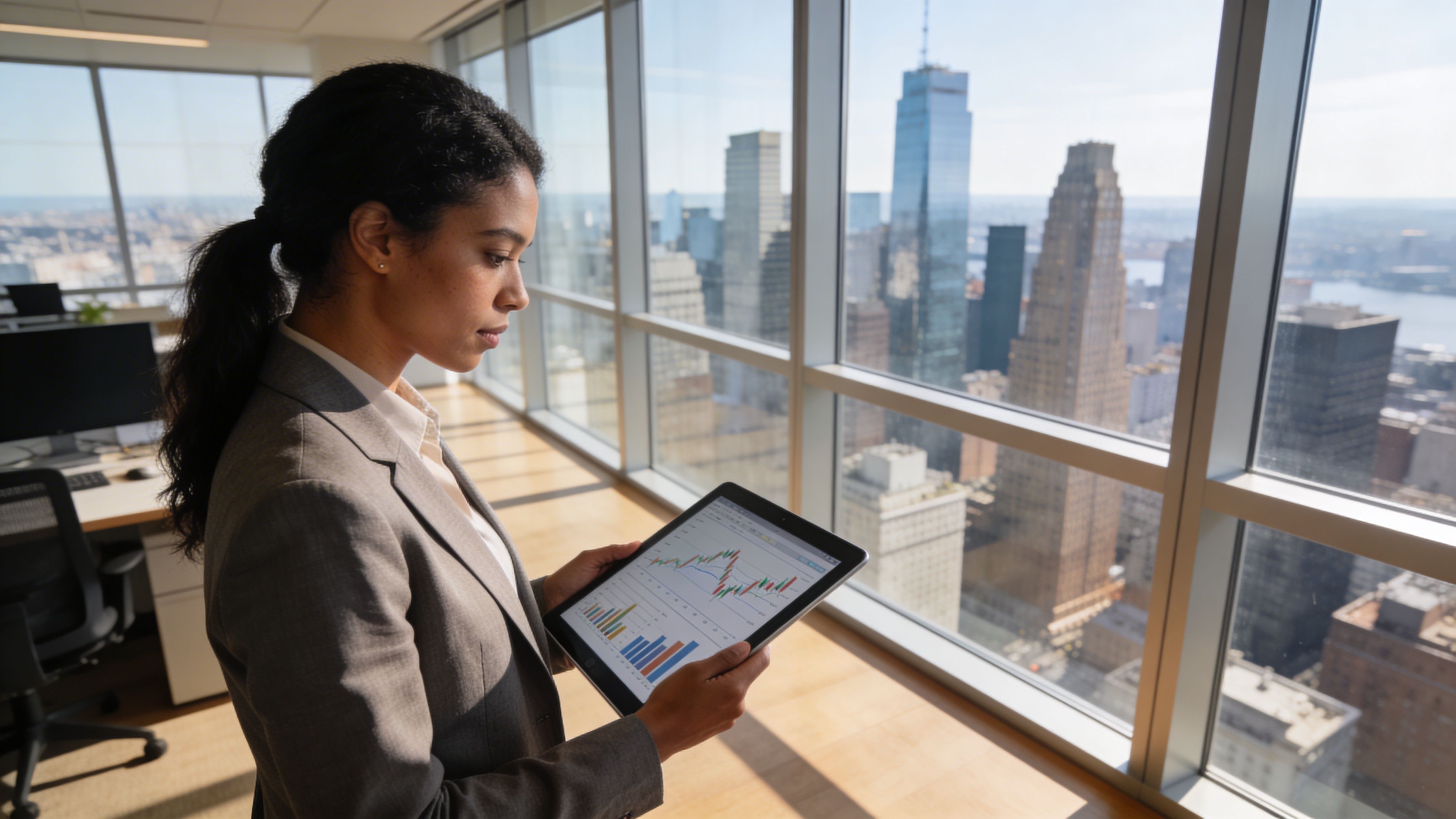 A professional woman in a suit analyzing financial stock charts on a digital tablet near city windows.
