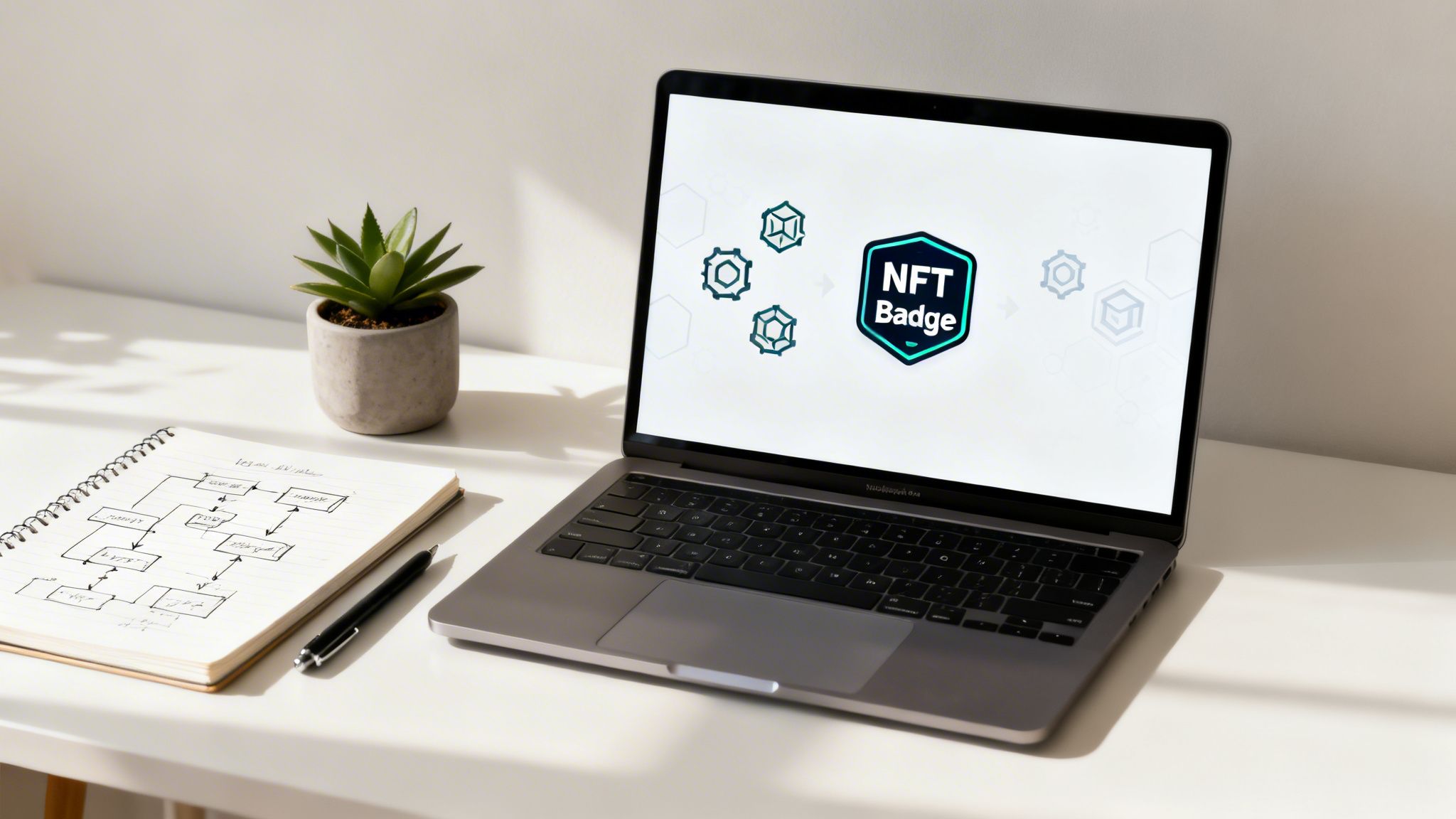 A modern workspace setup with a laptop showing an NFT Badge, a plant, and a notebook with a flowchart.