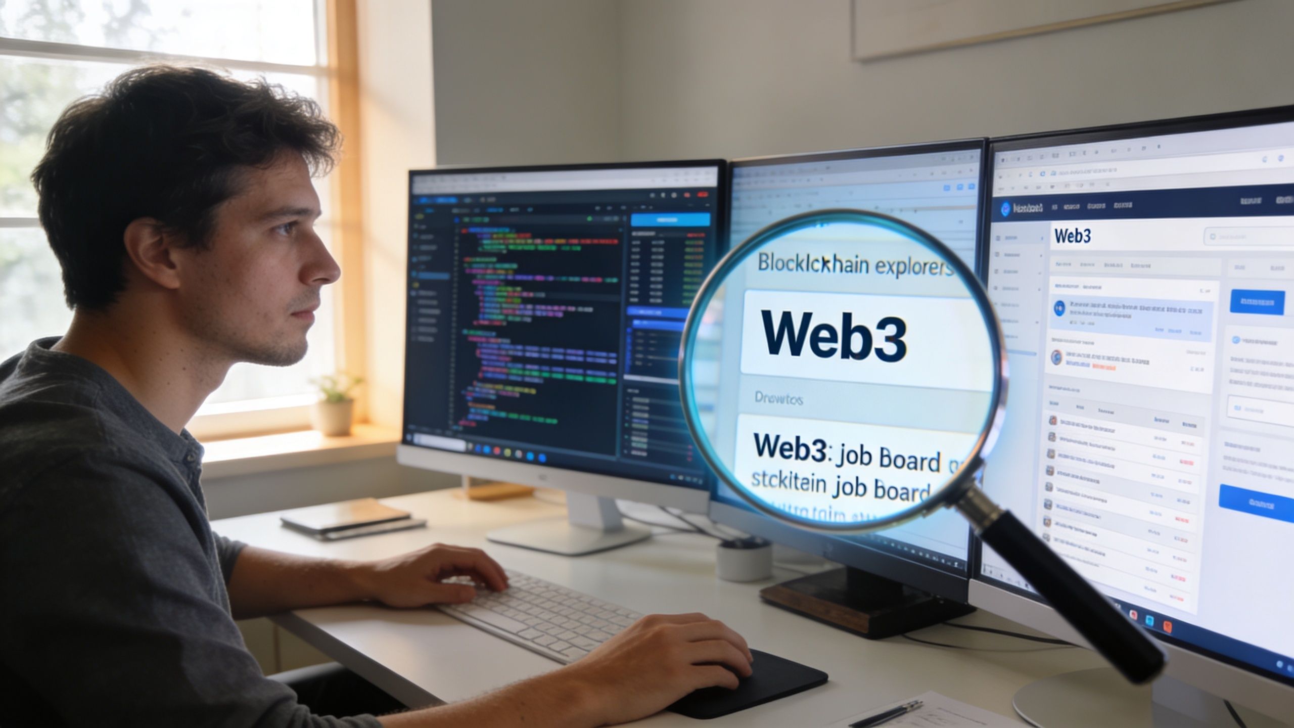 A professional developer using multiple monitors to research Web3 job board opportunities while working at a desk.