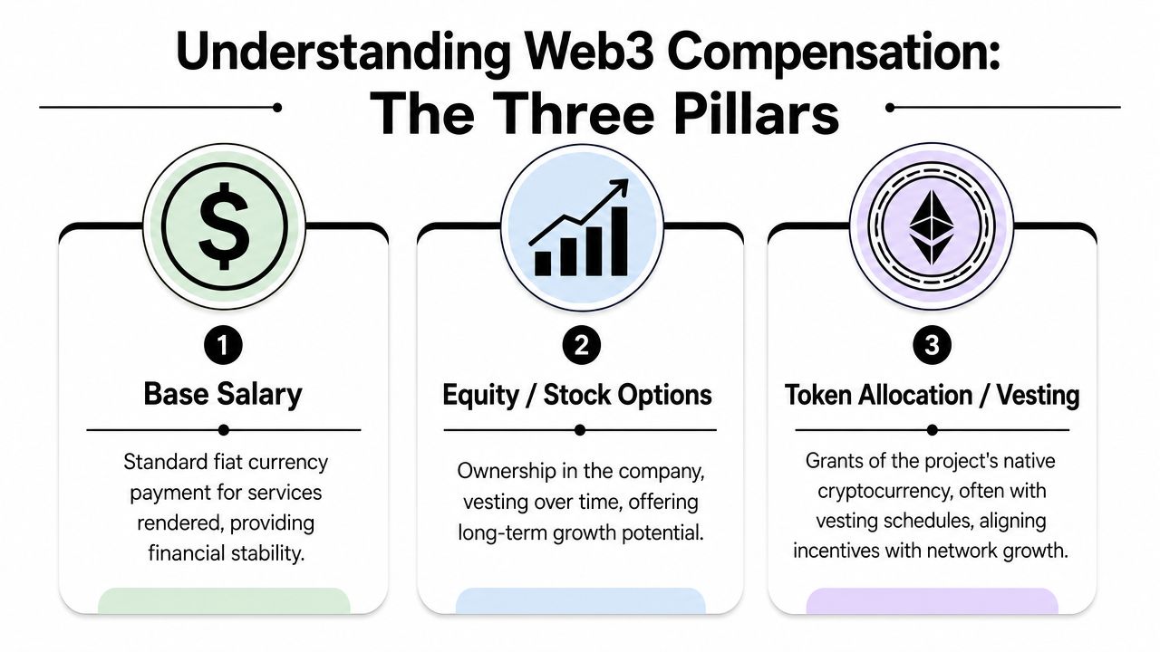 A diagram illustrating the three pillars of Web3 compensation: base salary, equity, and token allocation.