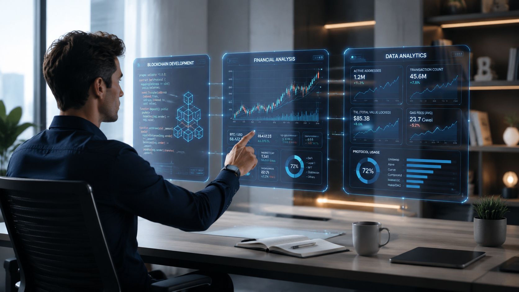 A professional crypto analyst interacts with a futuristic digital interface displaying financial charts and blockchain development data.