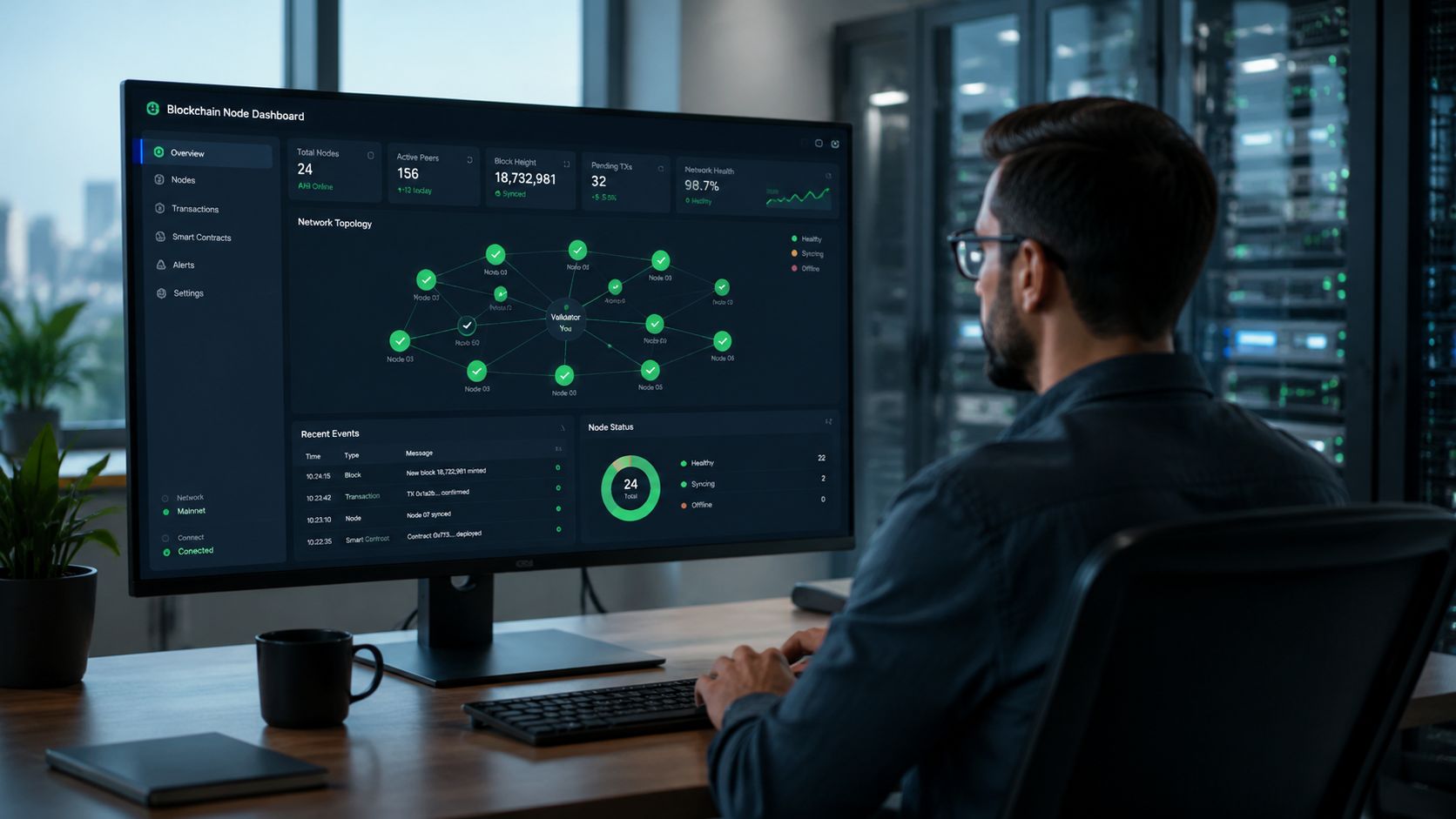 A professional working at a desk monitoring a blockchain node dashboard in a modern server room.