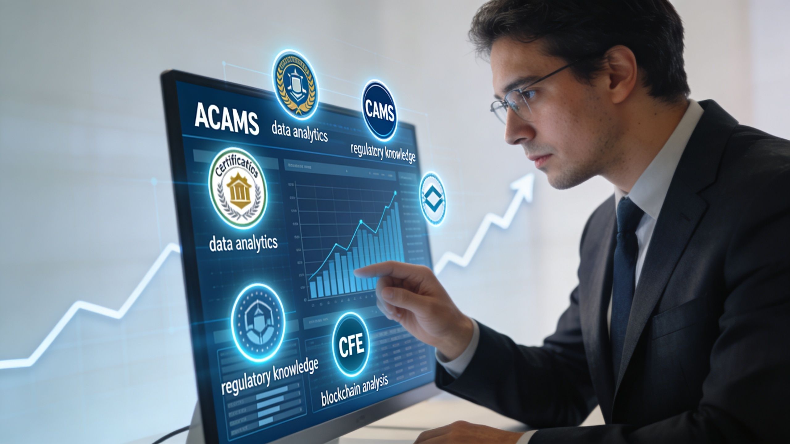 A professional in a suit analyzing data charts and digital certifications on a computer monitor.