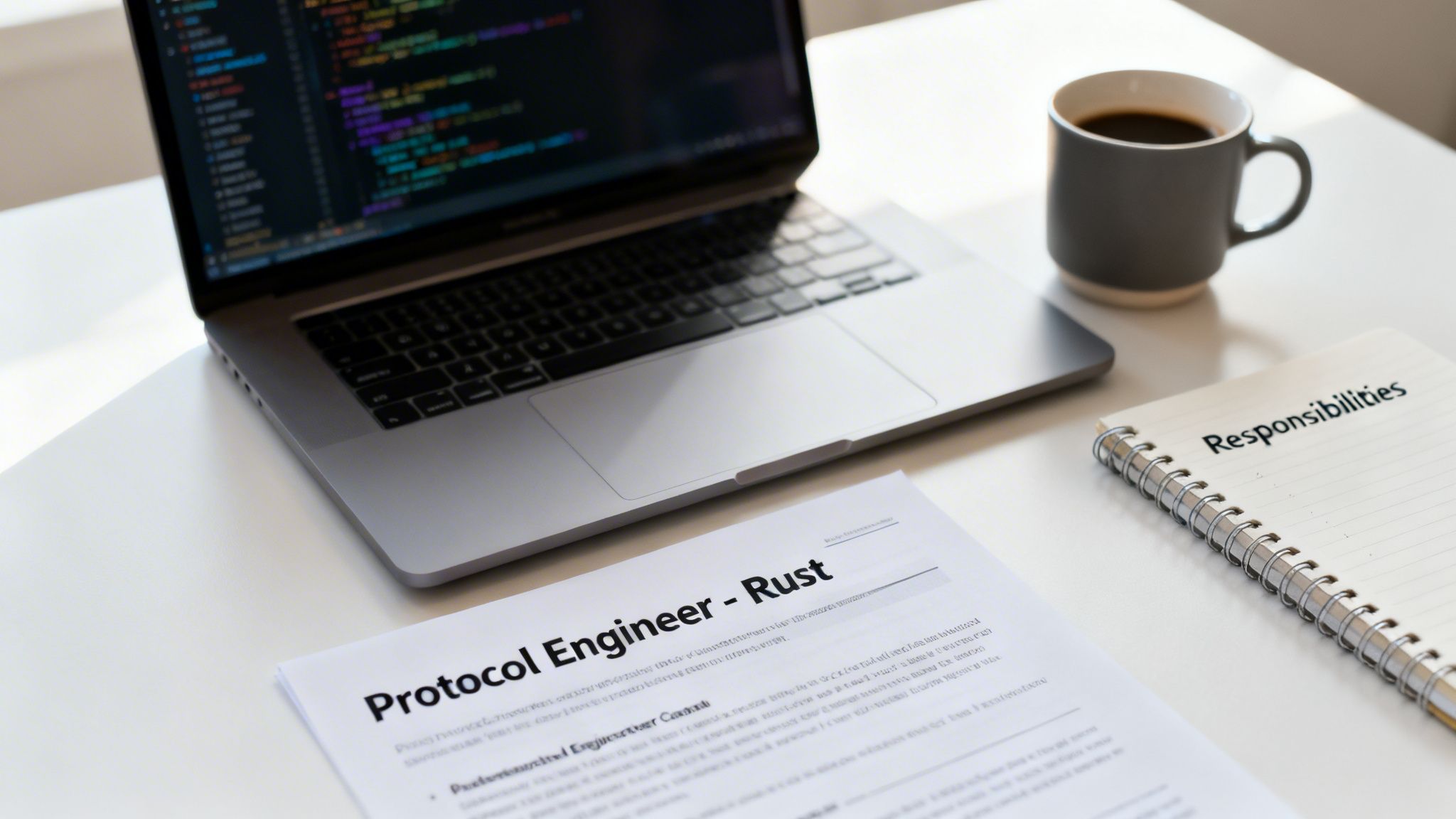 Developer's desk with a laptop showing code, coffee, and a Protocol Engineer - Rust job description.