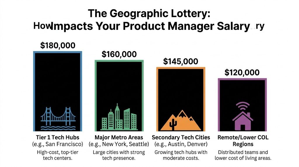 A bar chart comparing product manager salary expectations across different geographic regions and cost of living tiers.