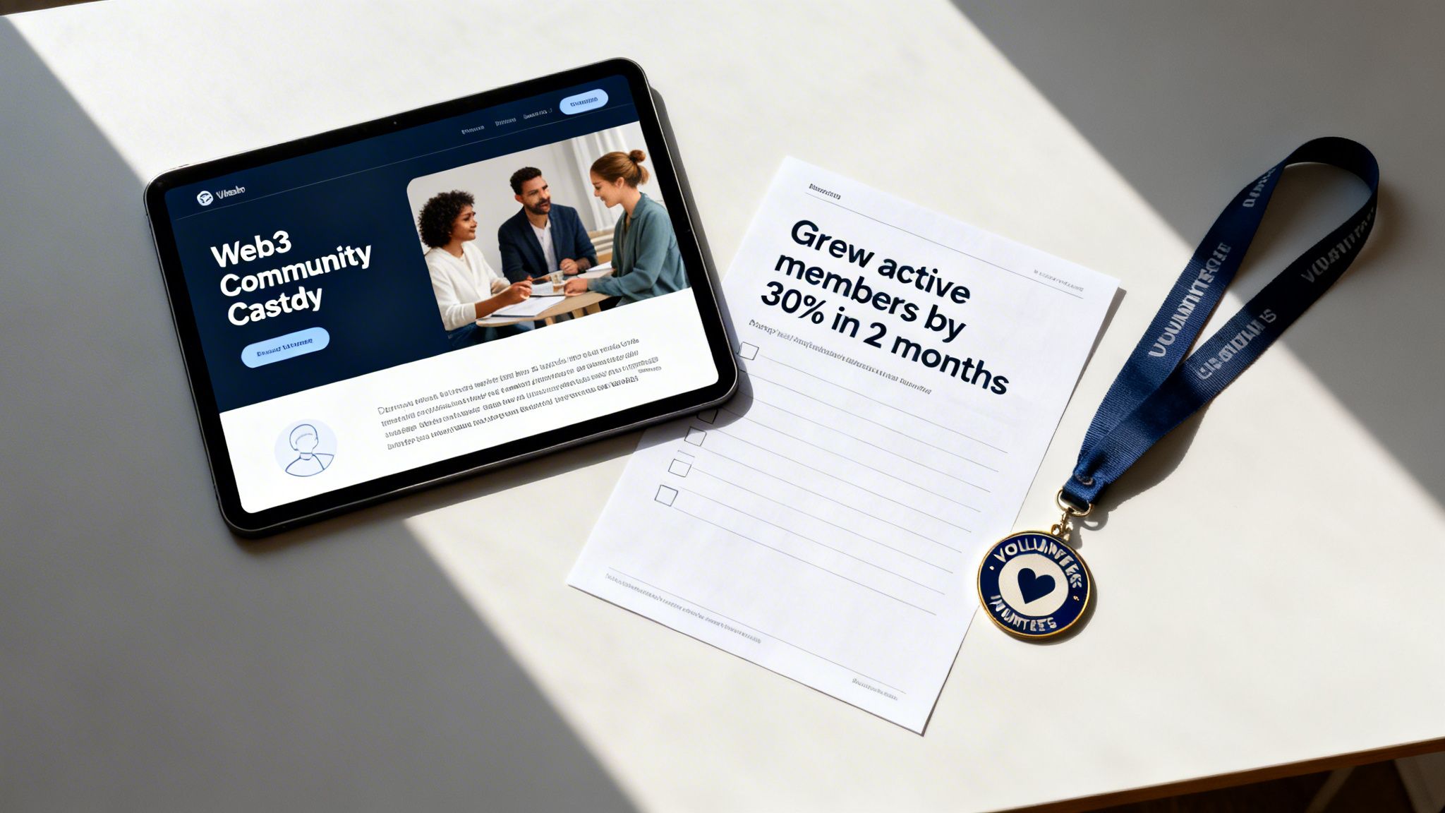 A tablet showing a 'Web3 Community Castdy' platform and a document detailing 30% member growth, beside a 'Volunteers' medal.