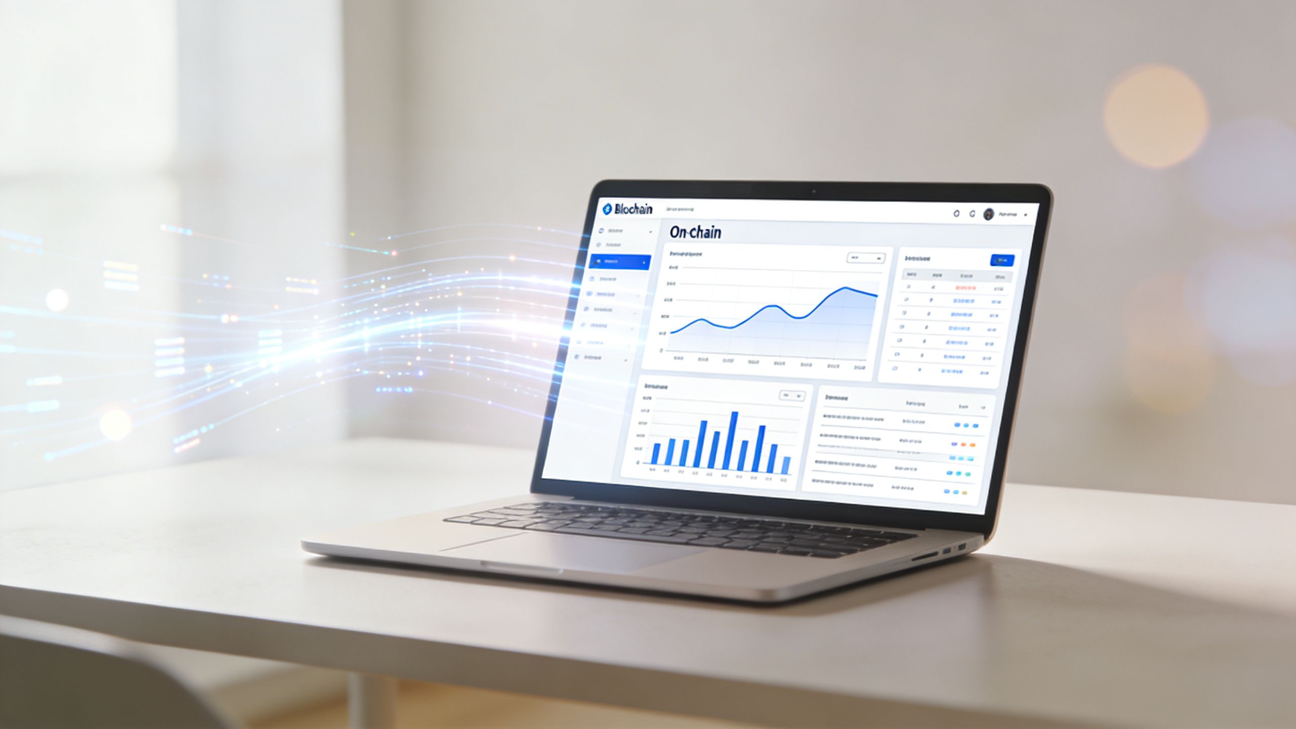 A modern laptop on a desk showing blockchain data analytics dashboard with digital light streaks.
