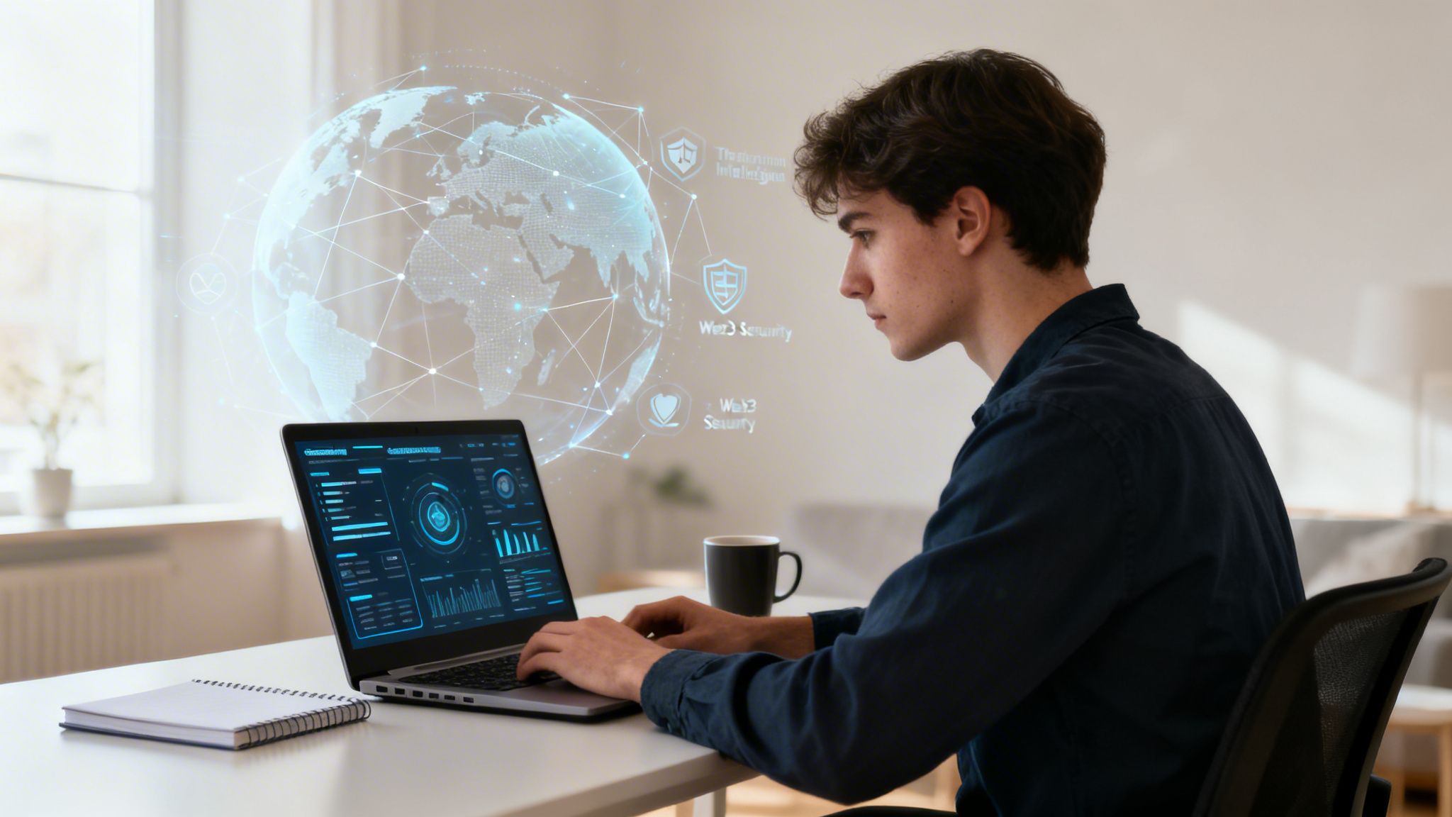 A young man works on a laptop with a holographic globe and cybersecurity data, indicating remote tech work.