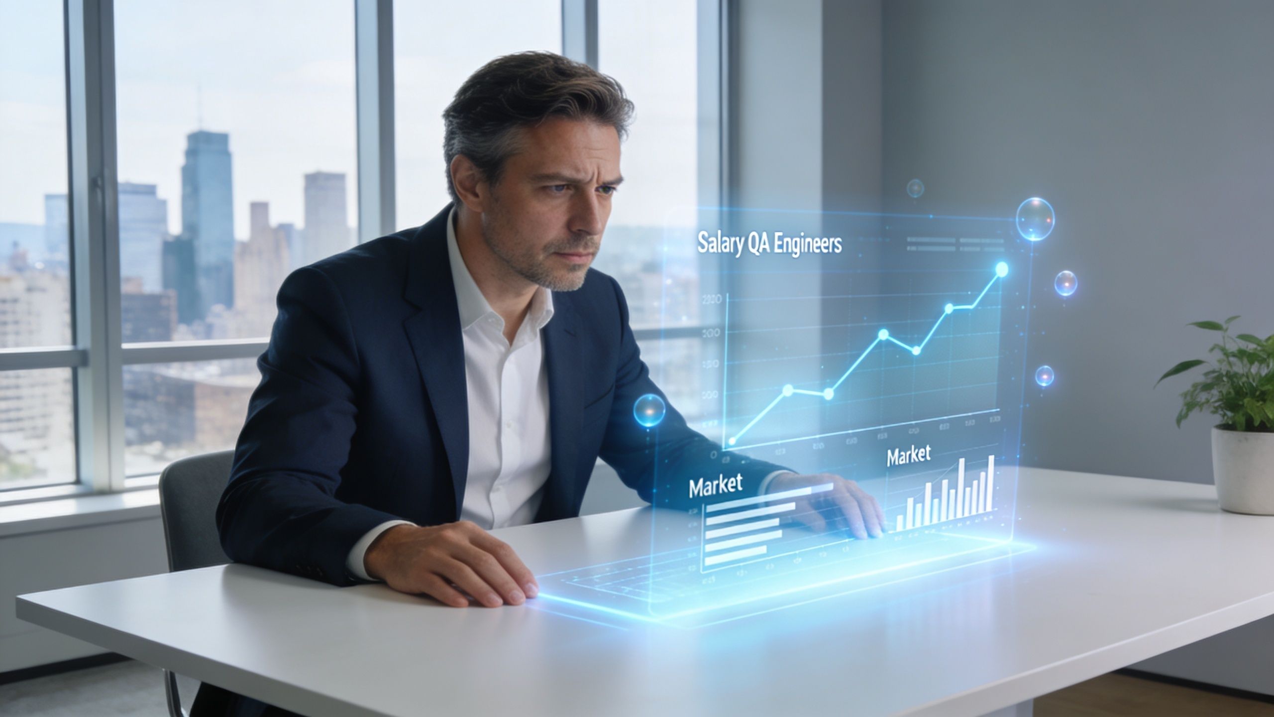 A professional man reviewing projected salary growth data for QA engineers using an interactive digital holographic display.