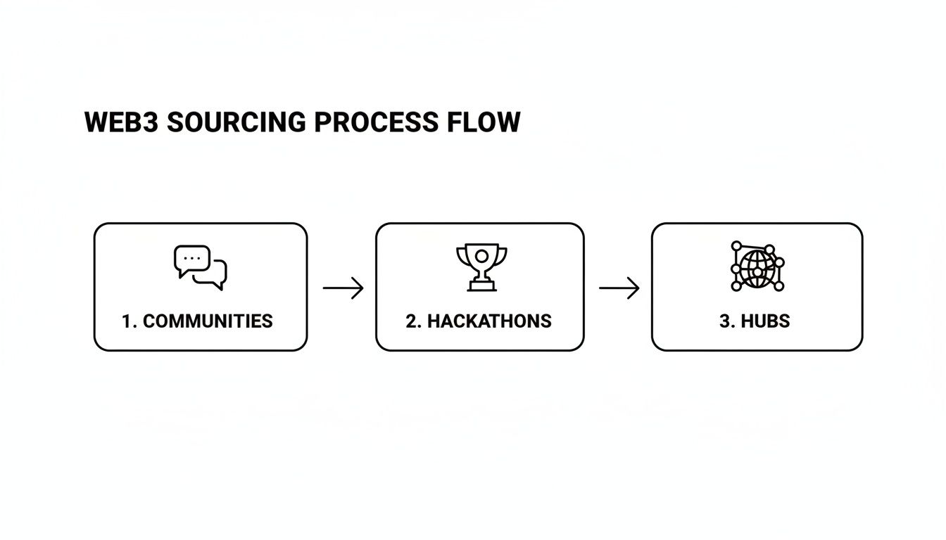 A diagram illustrating the Web3 sourcing process flow, detailing steps like communities, hackathons, and hubs.