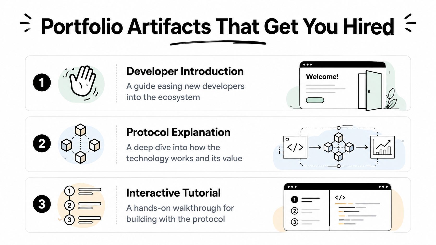 An infographic titled Portfolio Artifacts That Get You Hired, listing developer introductions, protocol explanations, and tutorials.