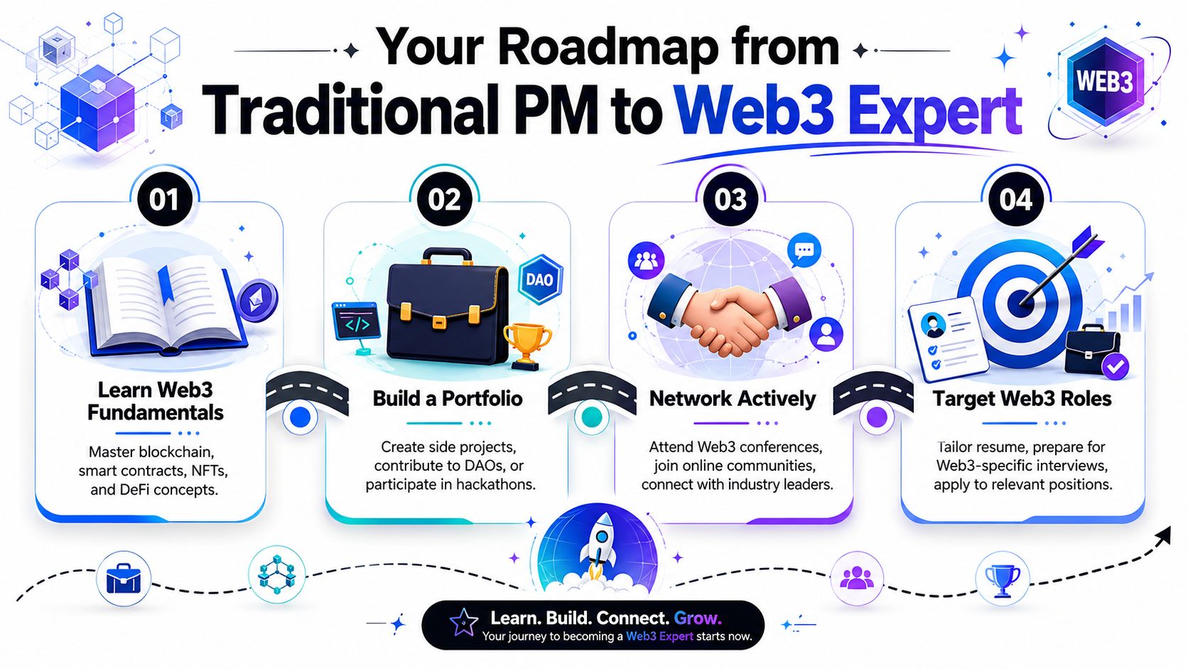 A professional four-step roadmap graphic guiding traditional product managers to transition into Web3 expert roles.