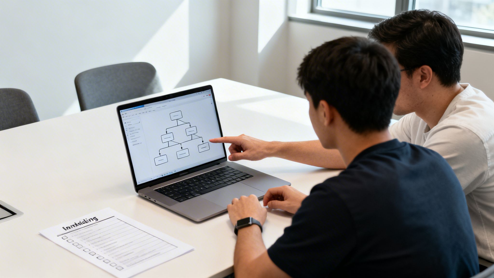 Two developers discussing a blockchain architecture diagram on a laptop.