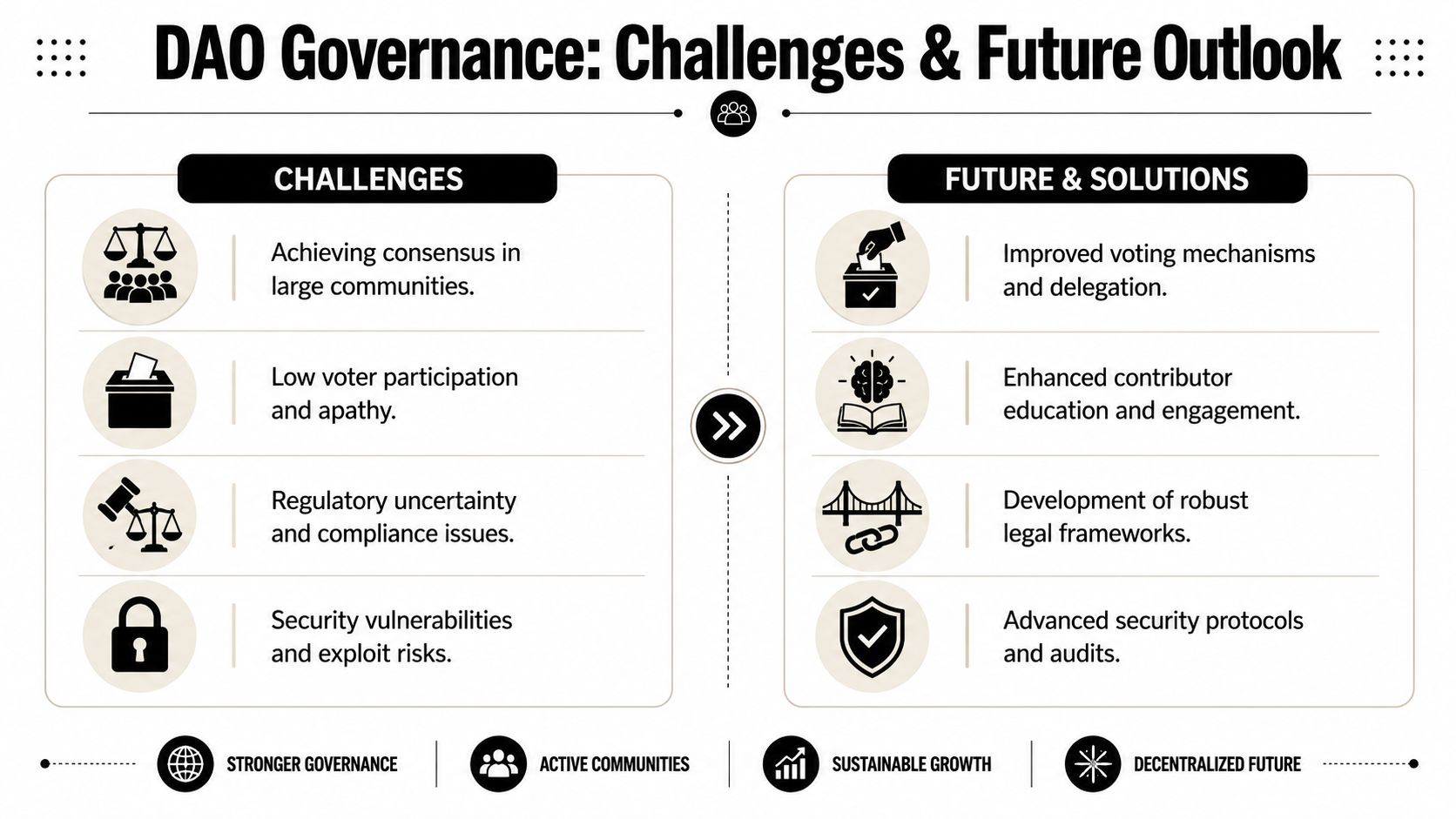 An infographic titled DAO Governance detailing common challenges like apathy and risks alongside solutions like improved voting.