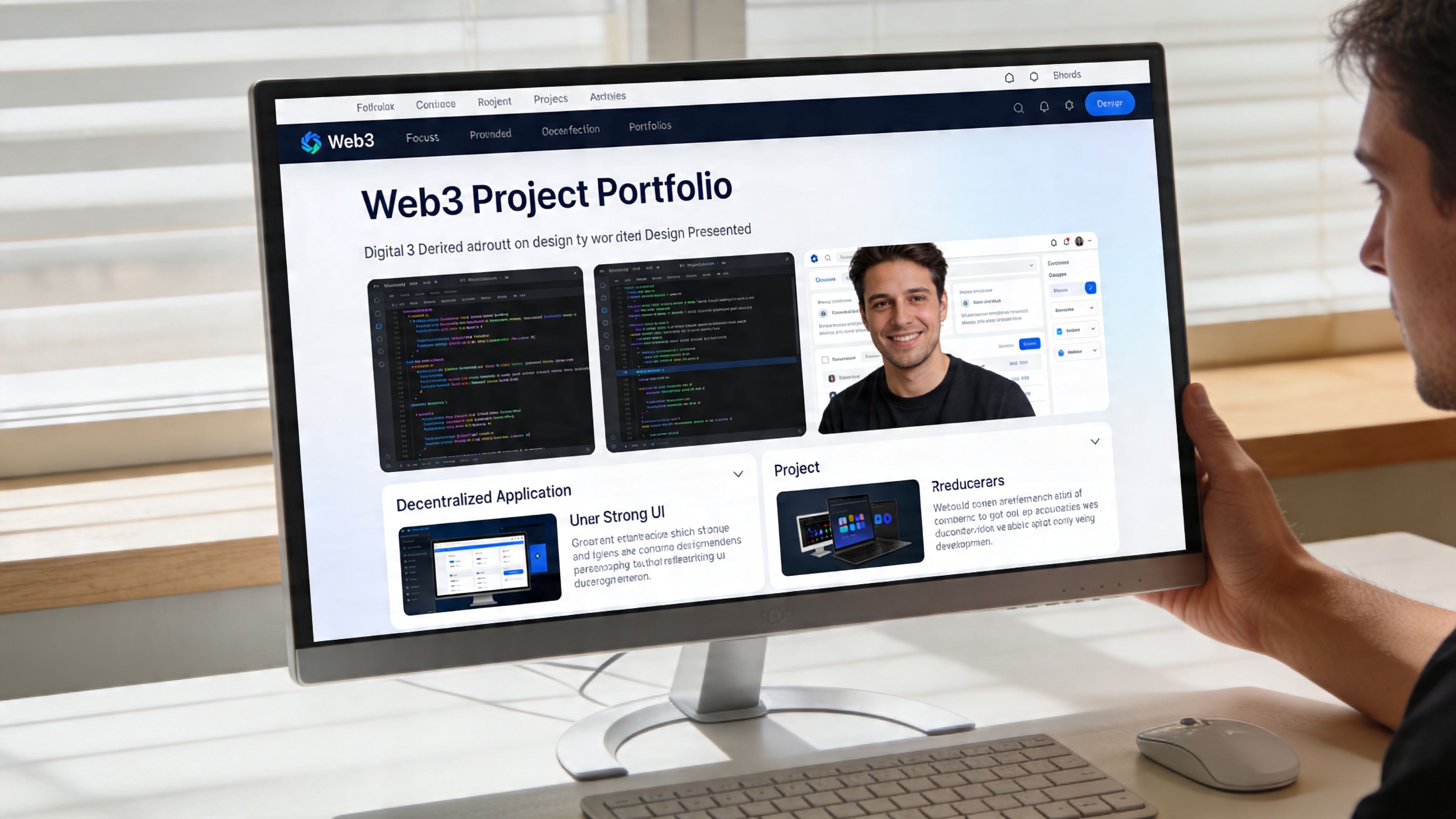 A person looking at a Web3 project portfolio website on a computer screen in an office.