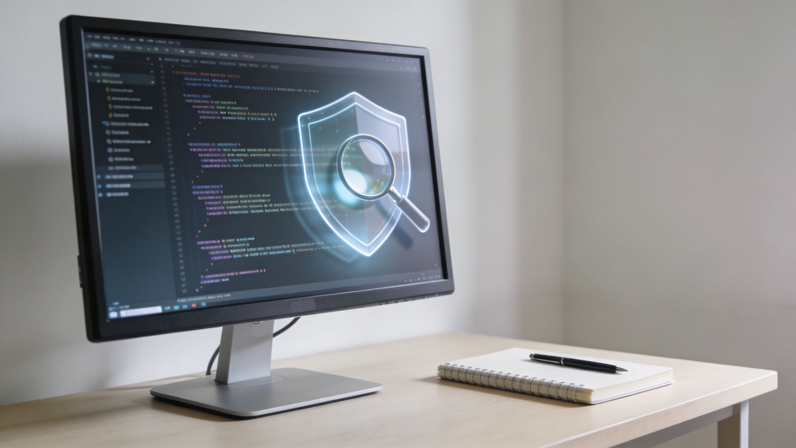 A computer monitor displaying computer code and a security shield icon with a magnifying glass on desk.