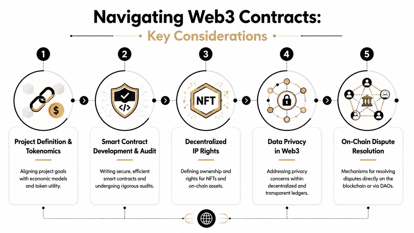 A diagram illustrating five key considerations for navigating Web3 contracts including tokenomics, audits, IP rights, privacy, and disputes.