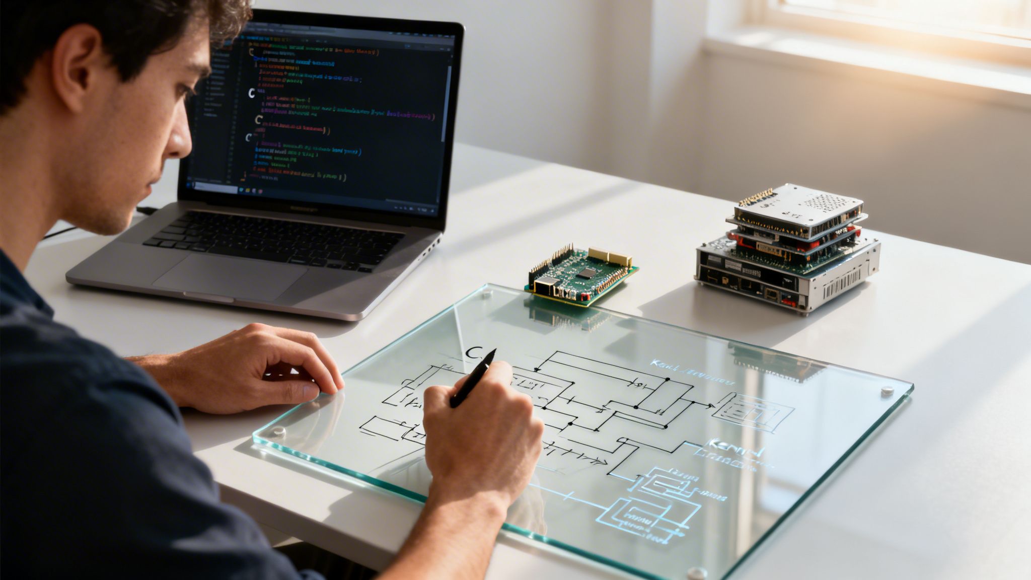 A male programmer coding on a laptop and sketching system diagrams on a glass tablet.