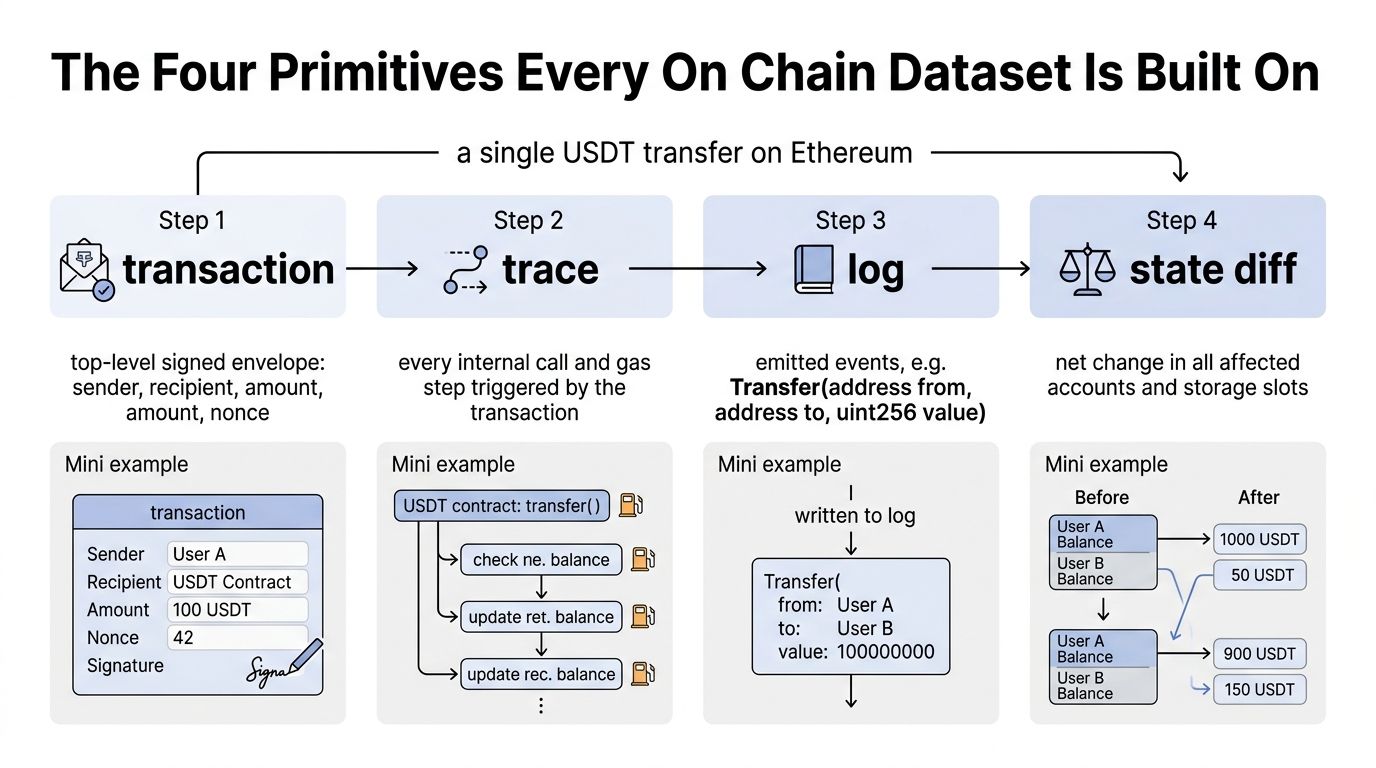A diagram illustrating the four fundamental primitives of blockchain data: transactions, traces, logs, and state diffs.